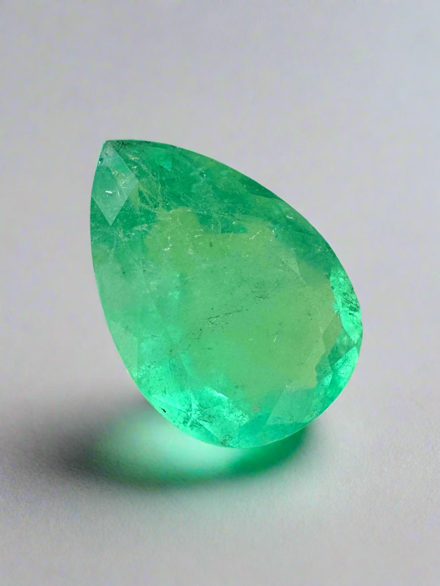 5.21 carat 14x10 Pastel Limish Green Natural Loose Colombian Emerald-Pear Cut - JR Colombian Emeralds