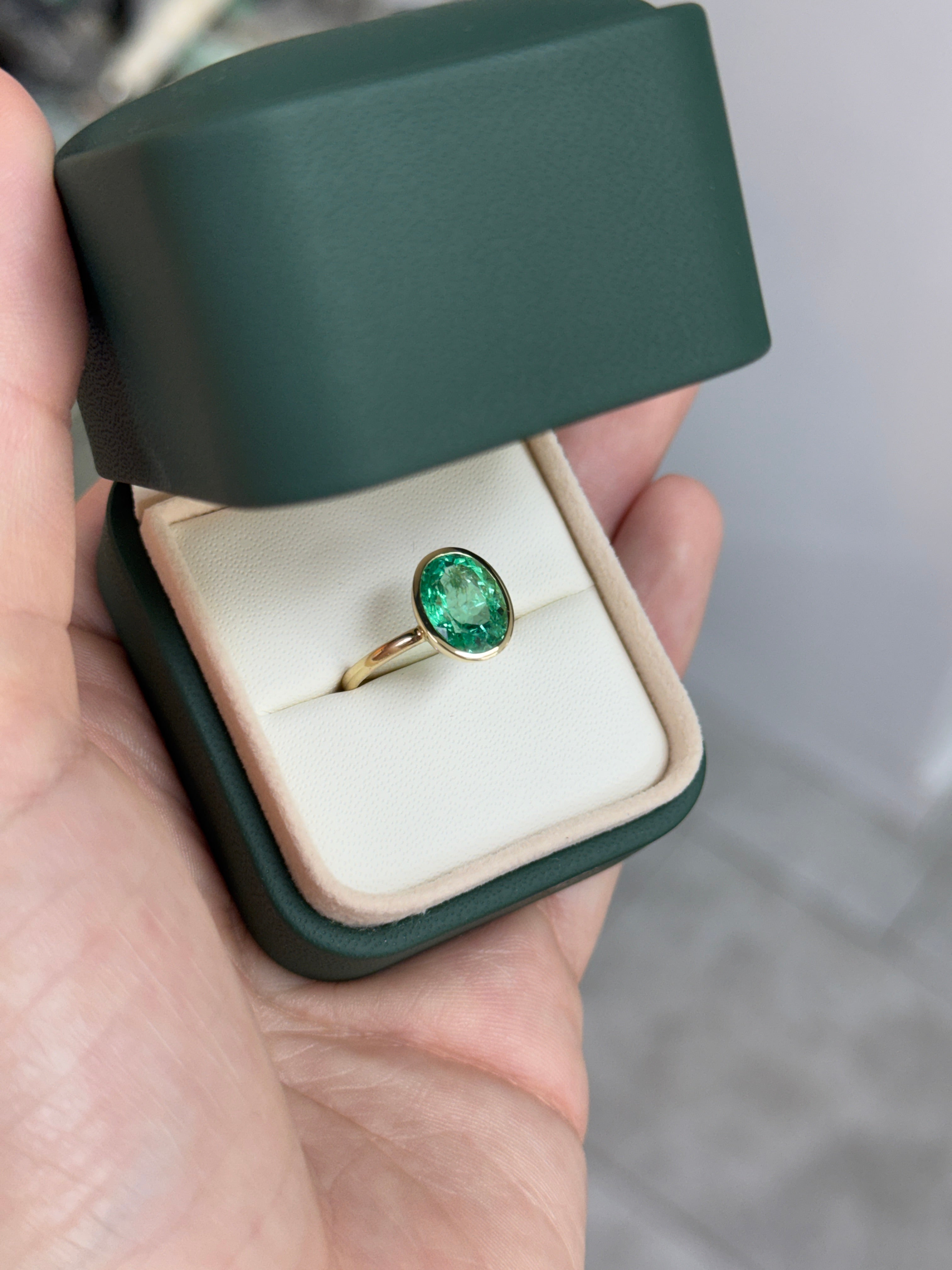 3.15cts 14K Bezel Set Oval Emerald Solitaire Engagement Ring