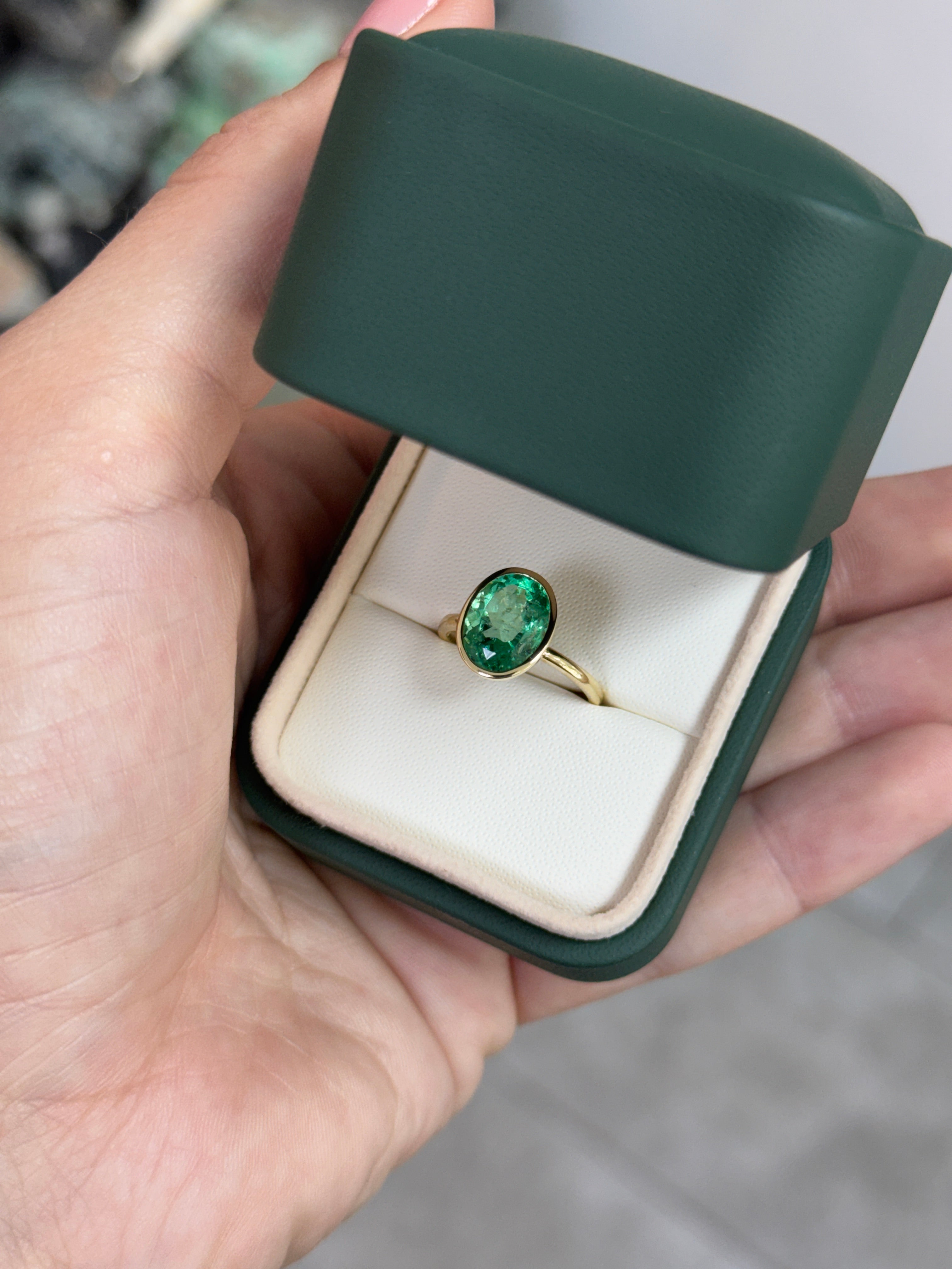 3.15cts 14K Bezel Set Oval Emerald Solitaire Engagement Ring