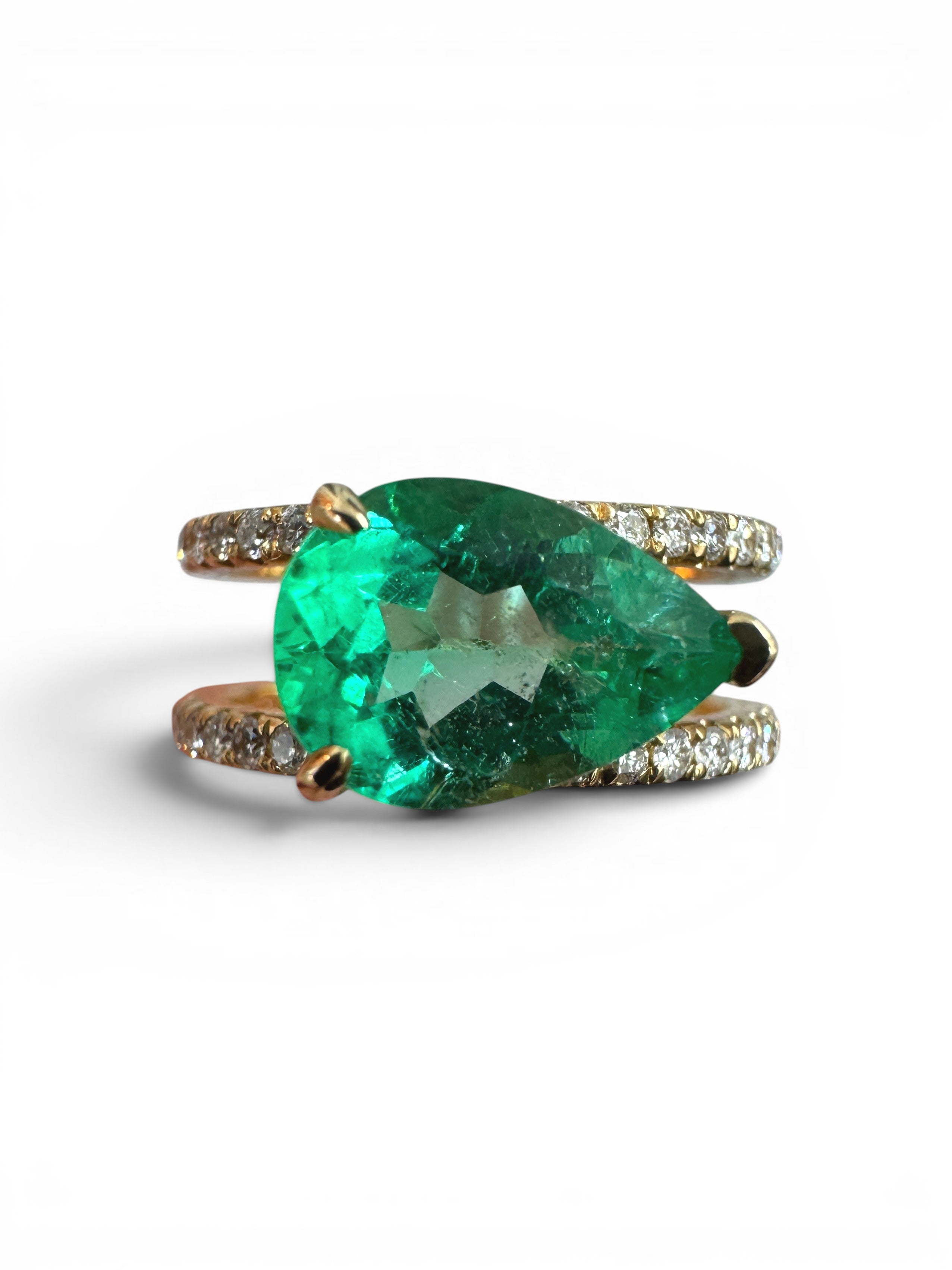 2.29tcw East to West Colombian Emerald Split Shank Diamond Wide Band 18K