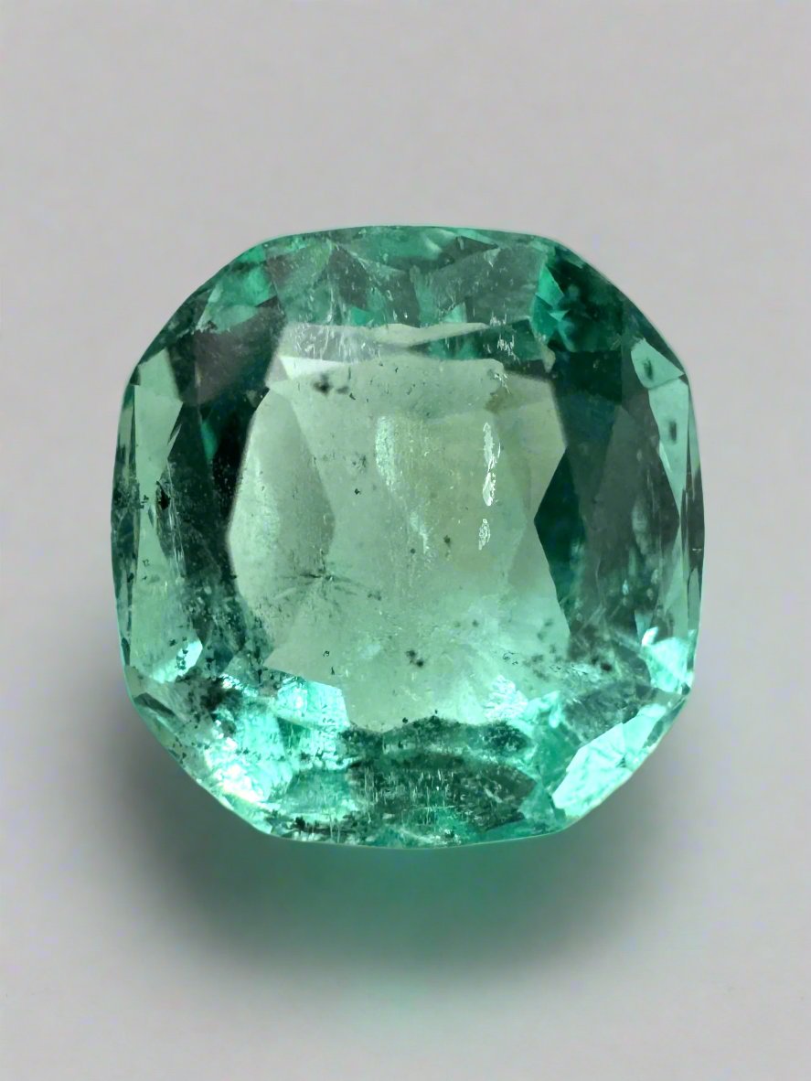 1.83 Carat 7.6x7.2 Freckled Light Bluish Green Natural Unset Colombian Emerald-Cushion Cut - JR Colombian Emeralds