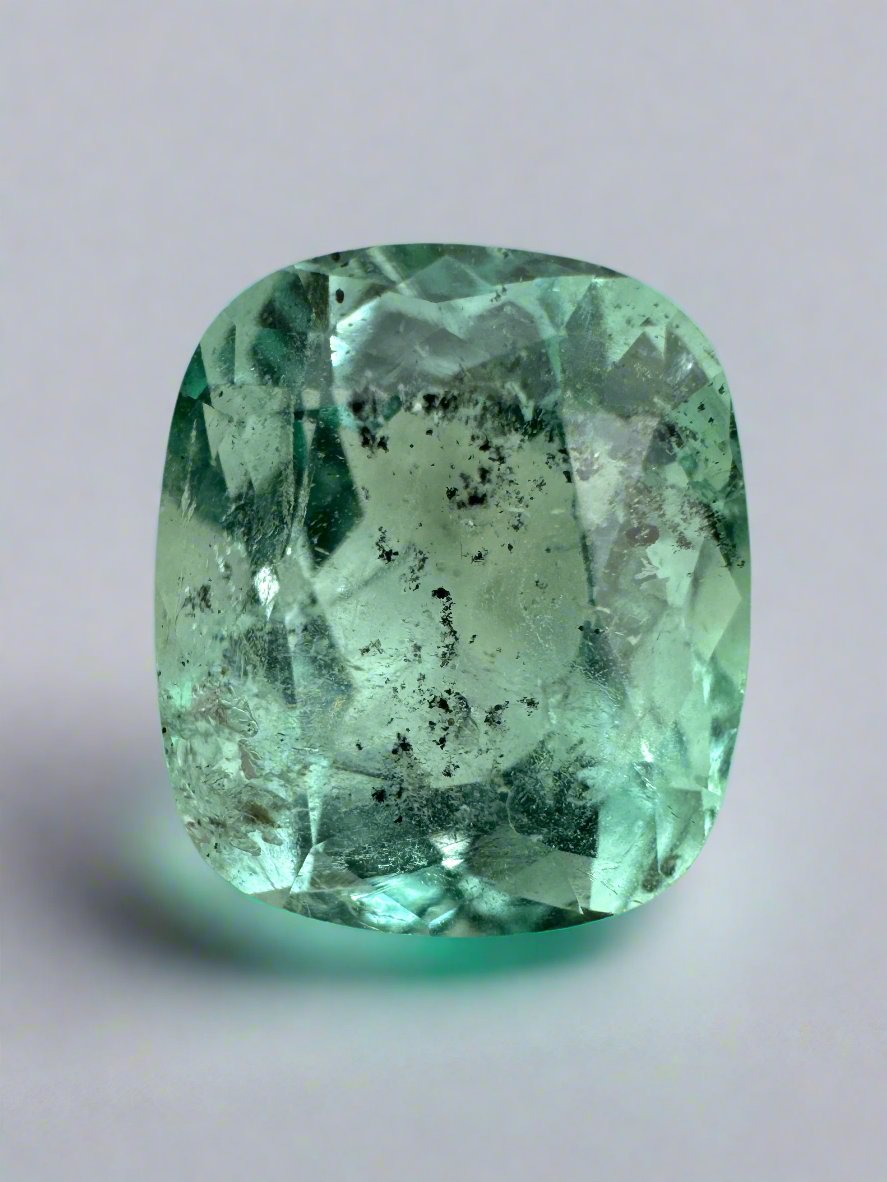 4.94 Carat 11x9.5 Freckled Sea Foam Green Natural Loose Colombian Emerald- Cushion Cut - JR Colombian Emeralds