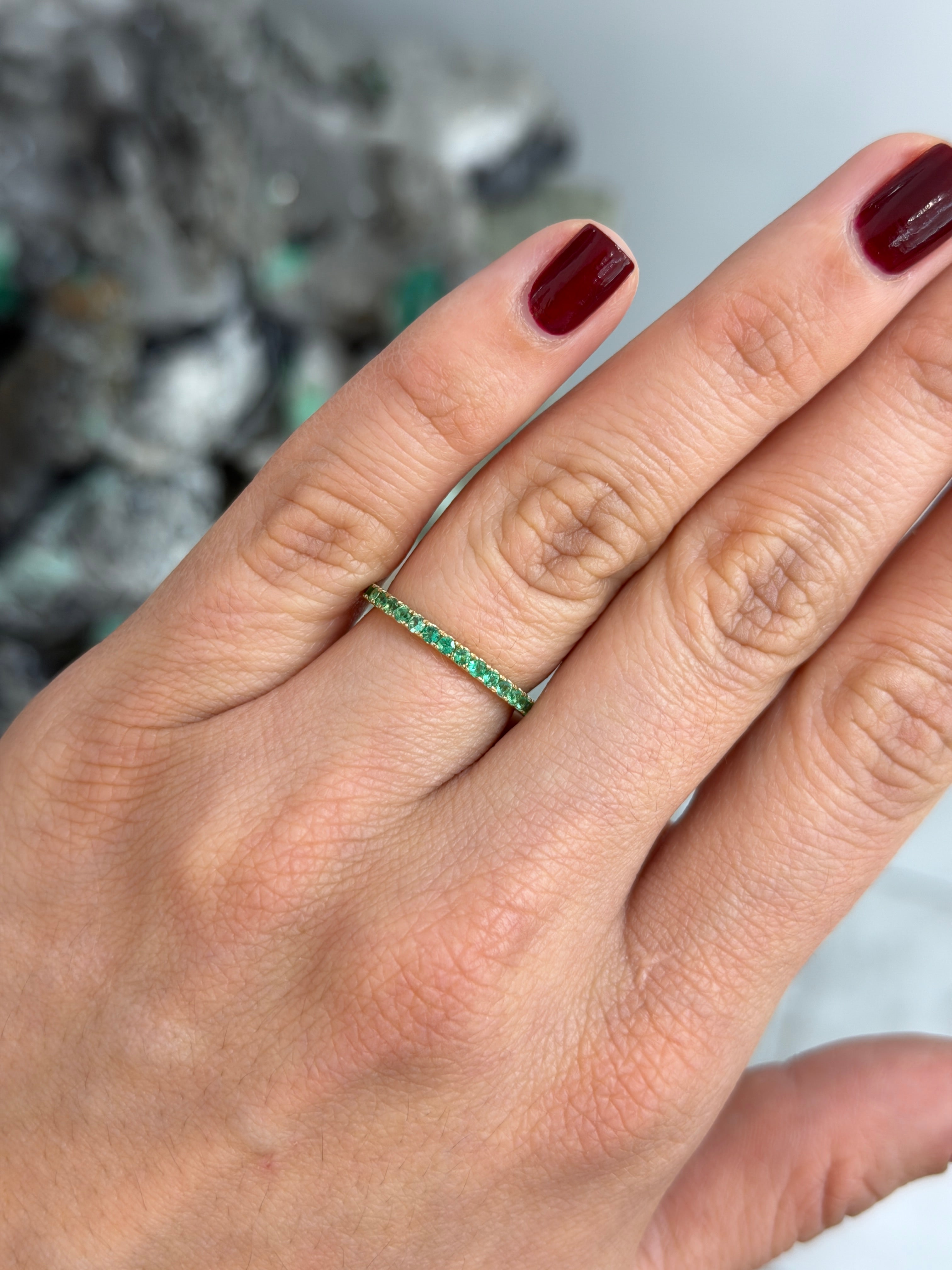 14K natural emerald eternity band with 0.70tcw diamonds, available in sizes 6, 7, 8, by JR Colombian Emeralds