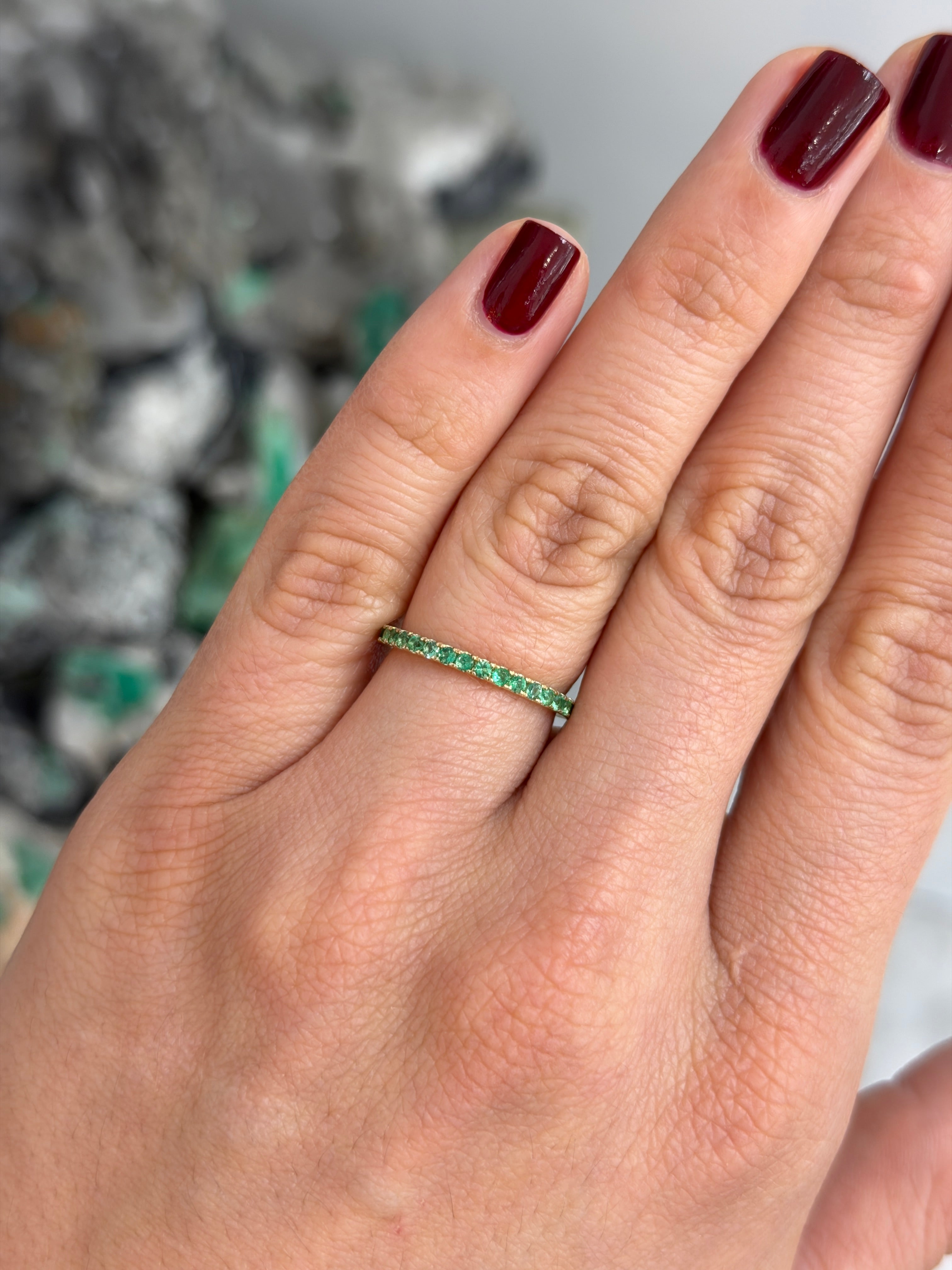 14K natural emerald eternity band with 0.70tcw, available in sizes 6, 7, and 8, from JR Colombian Emeralds.