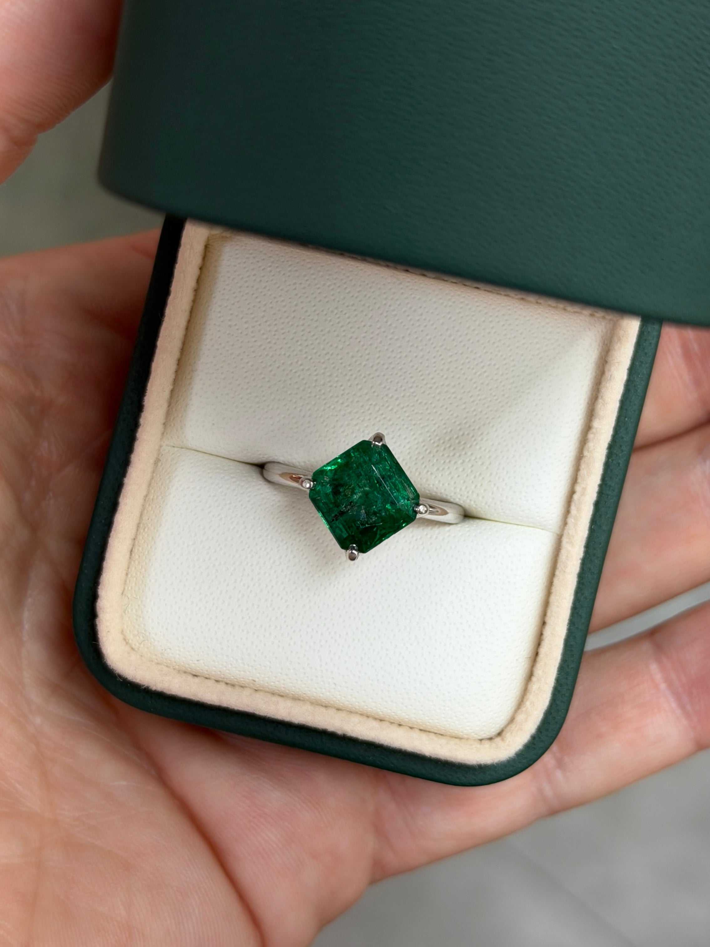 3.65tcw Freckled Asscher Cut Emerald Compass Set & Diamond Accent Prong Set Ring 14K White Gold