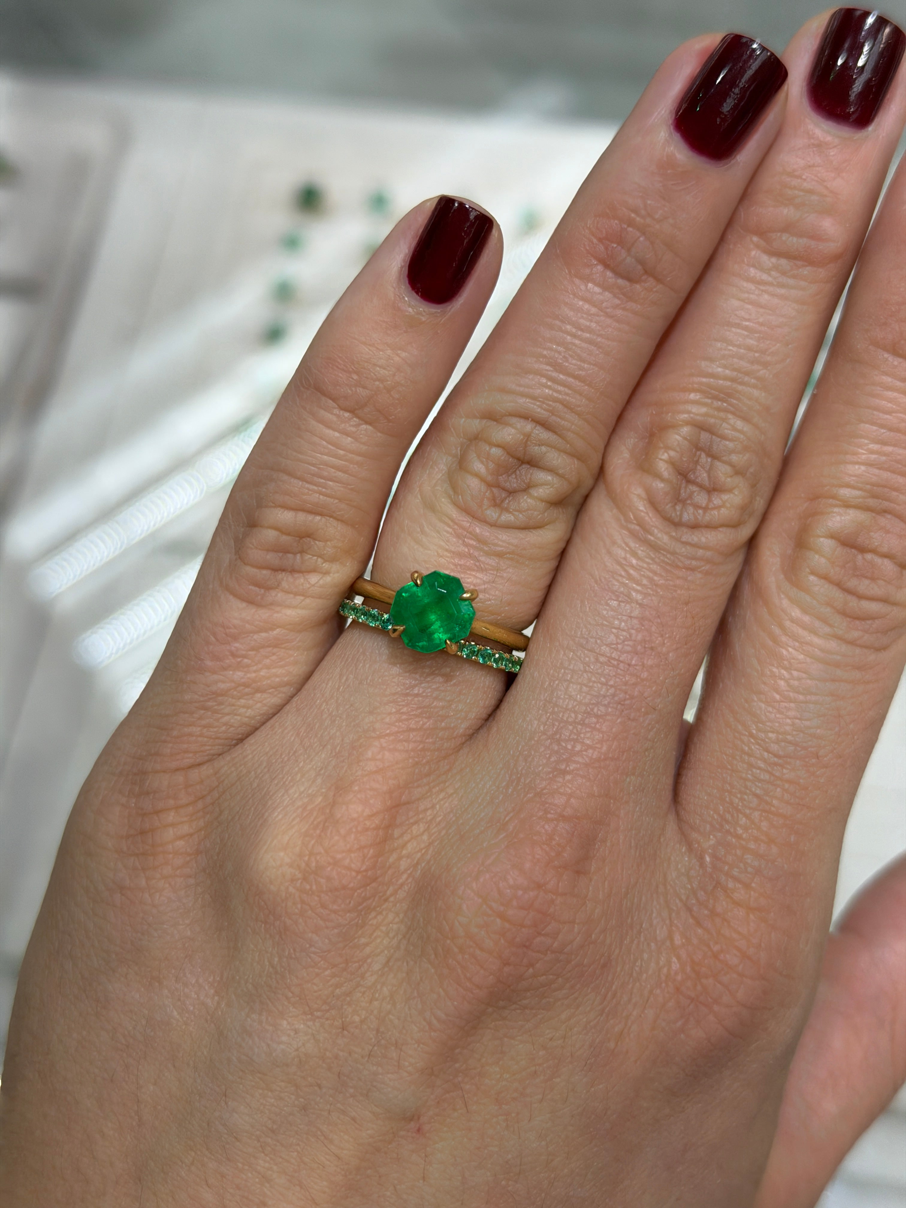 14K natural emerald eternity band with 0.70tcw, available in 6, 7, 8 size, featuring vibrant emerald gemstones from JR Colombian Emeralds