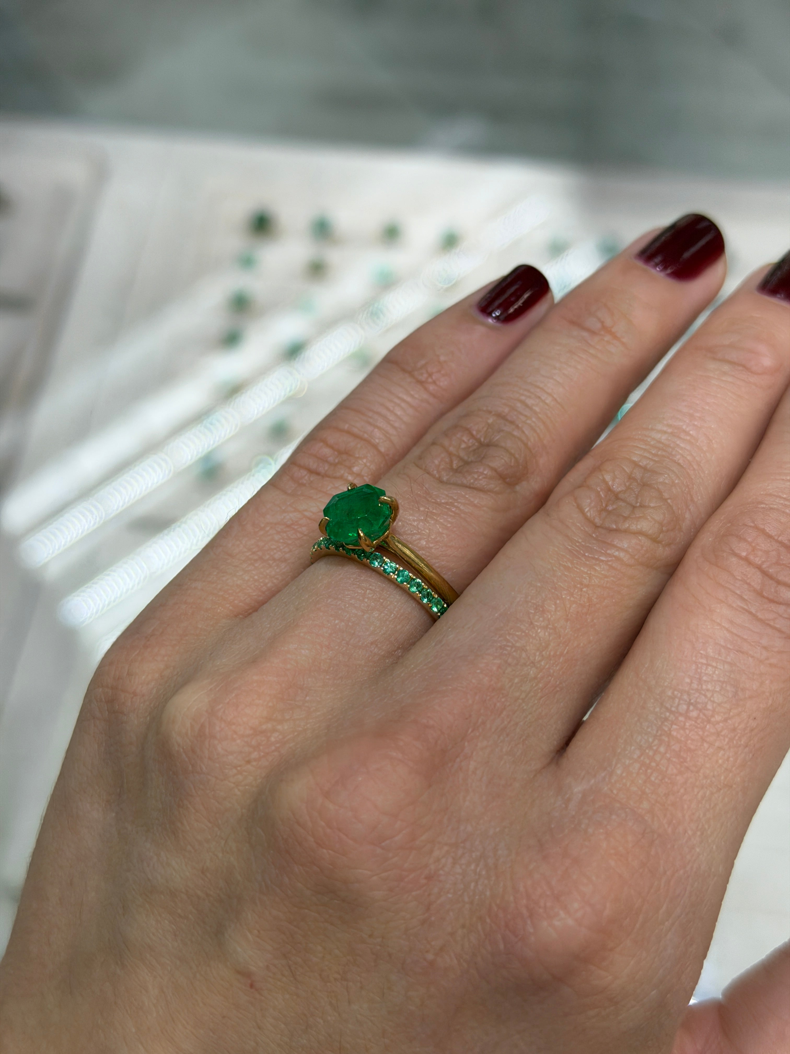 14K gold emerald eternity band with 0.70tcw natural emeralds, available in sizes 6, 7, and 8 by JR Colombian Emeralds.