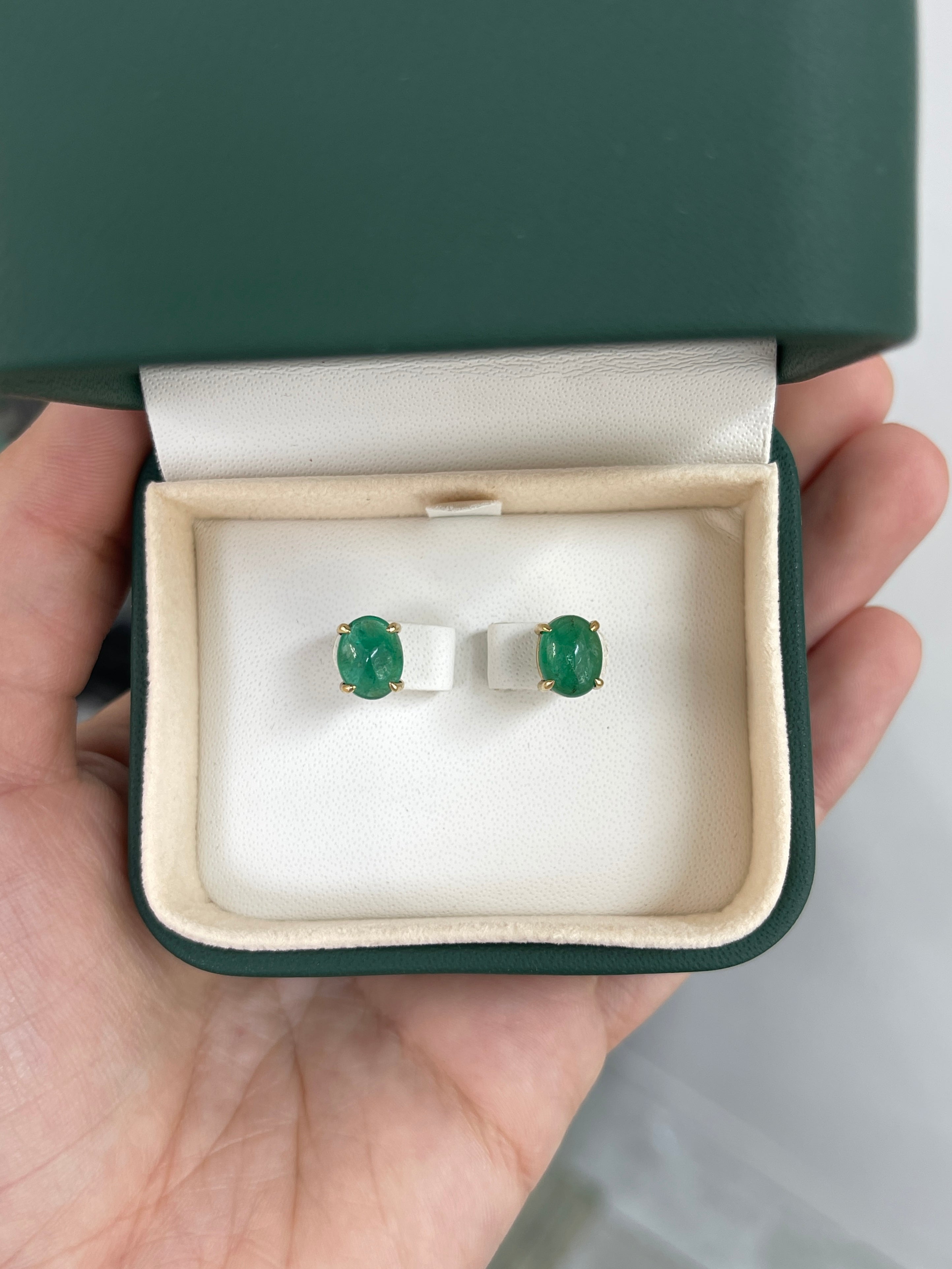 3.69tcw Solitaire Emerald Cabochon Studs 14K Yellow Gold