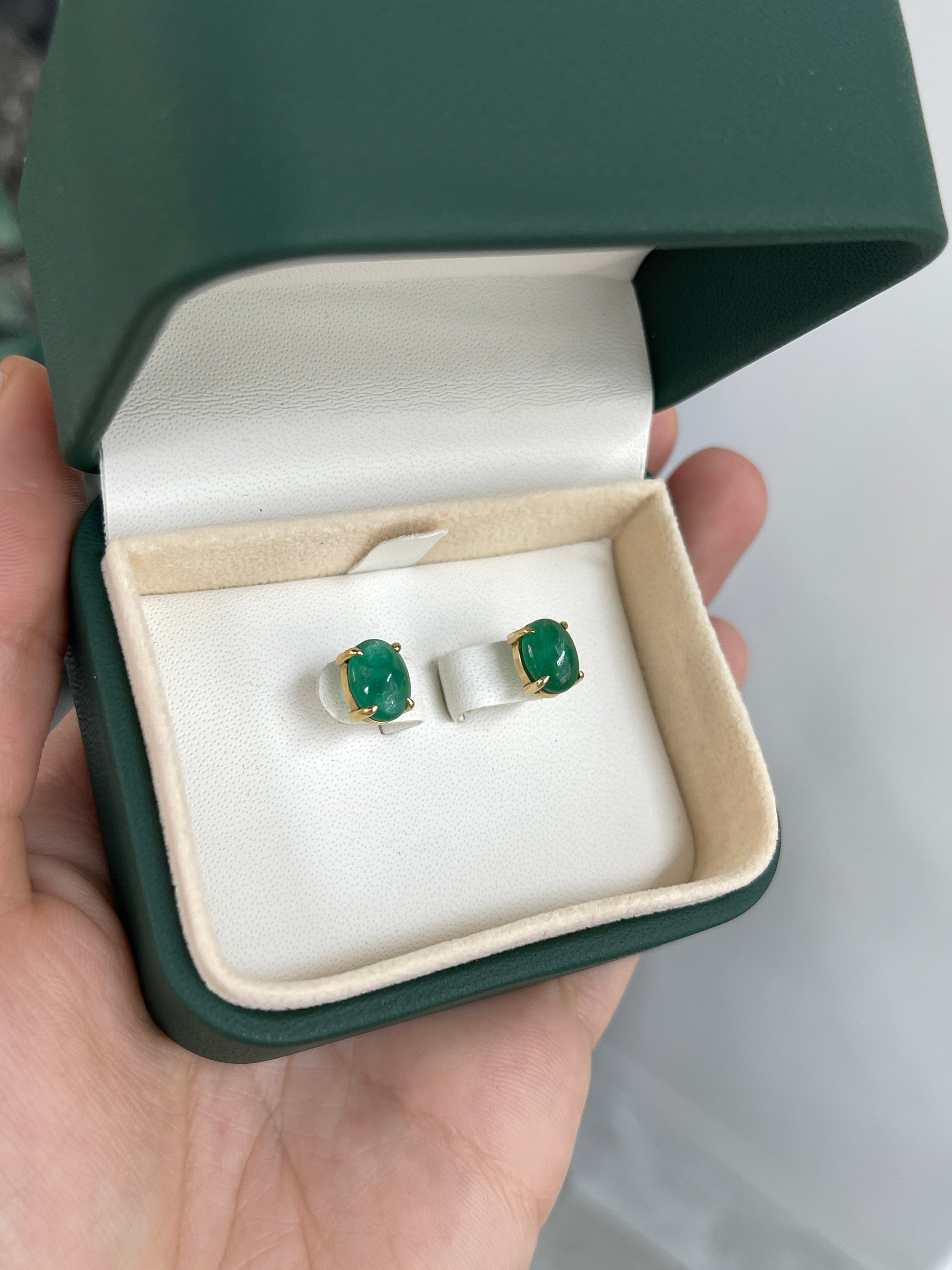 3.69tcw Solitaire Emerald Cabochon Studs 14K Yellow Gold