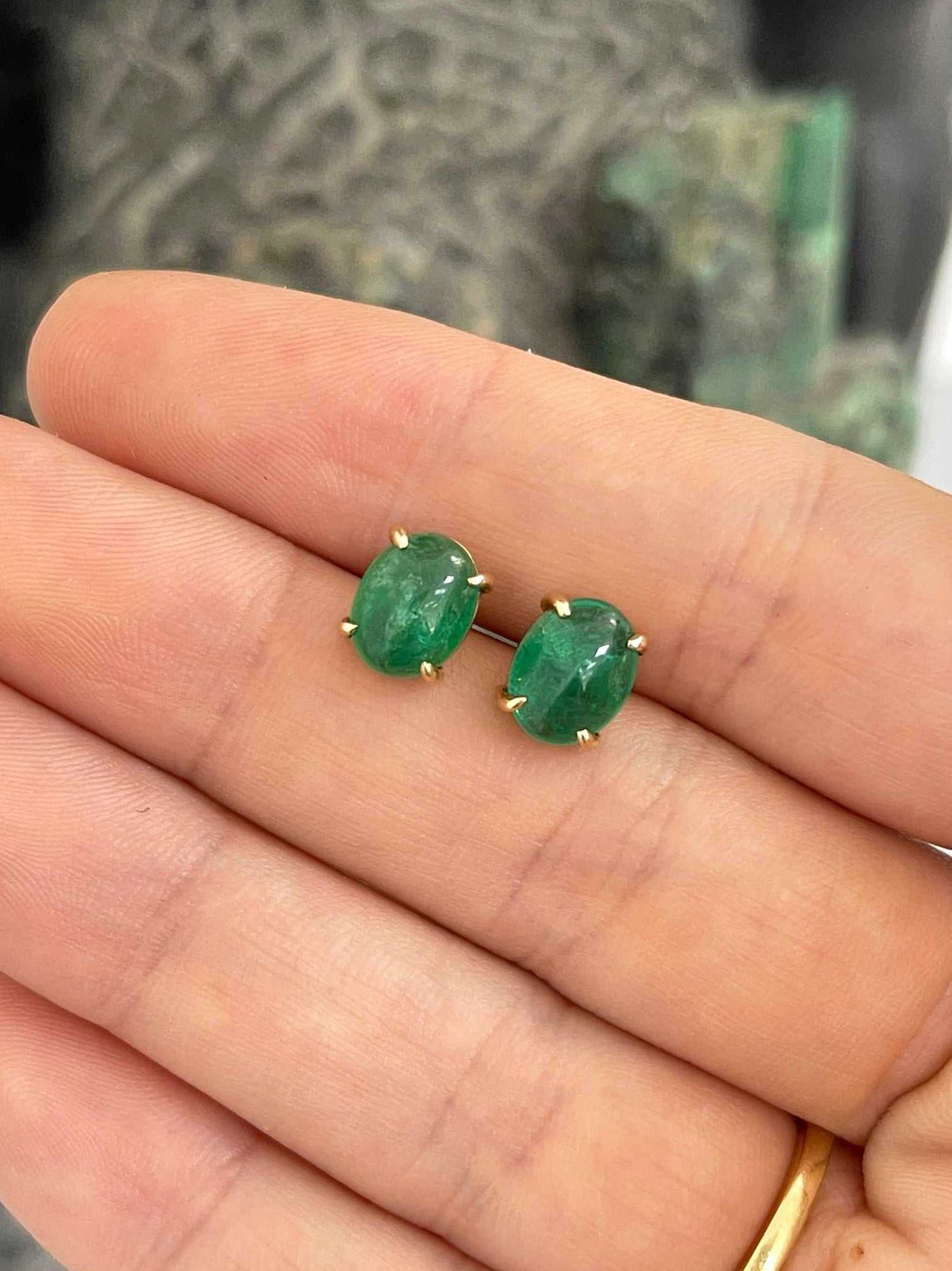 Classic 3.69tcw Solitaire Emerald Cabochon Studs 14K Yellow Gold