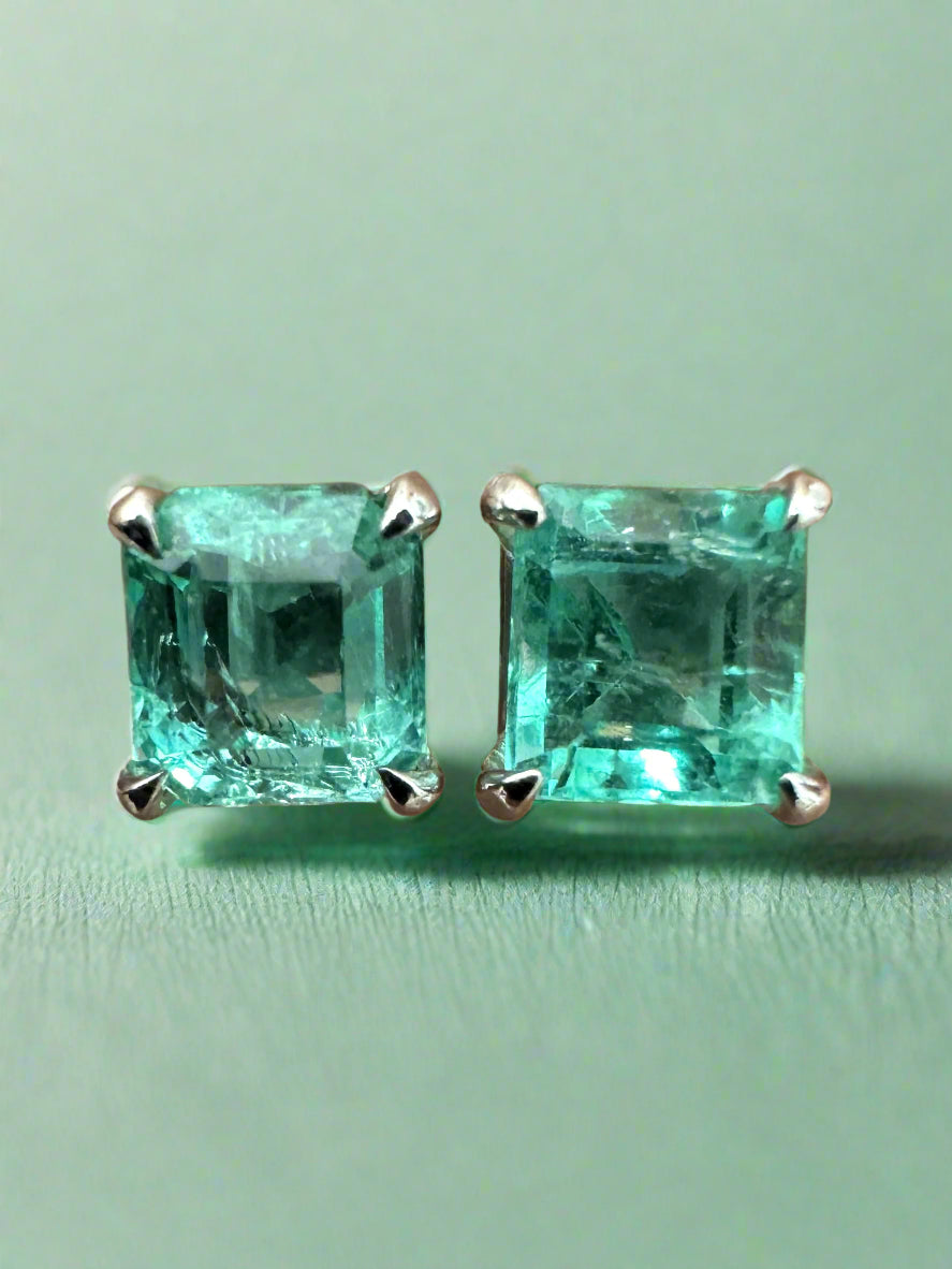 1.0tcw Petite Asscher Medium Bright Real Emerald Stud Earrings in 14K White Gold