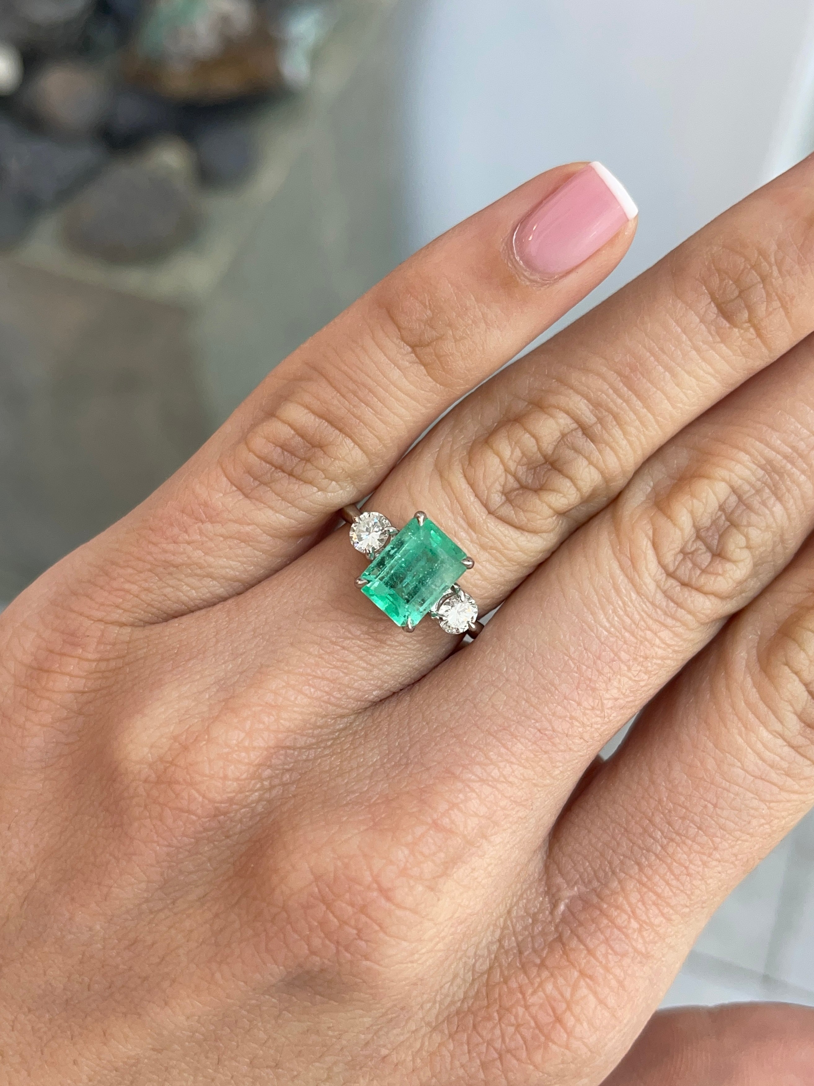 2.95tcw Emerald Cut Colombian Emerald And Diamond Three Stone Engagement Ring 14K White Gold - JR Colombian Emeralds