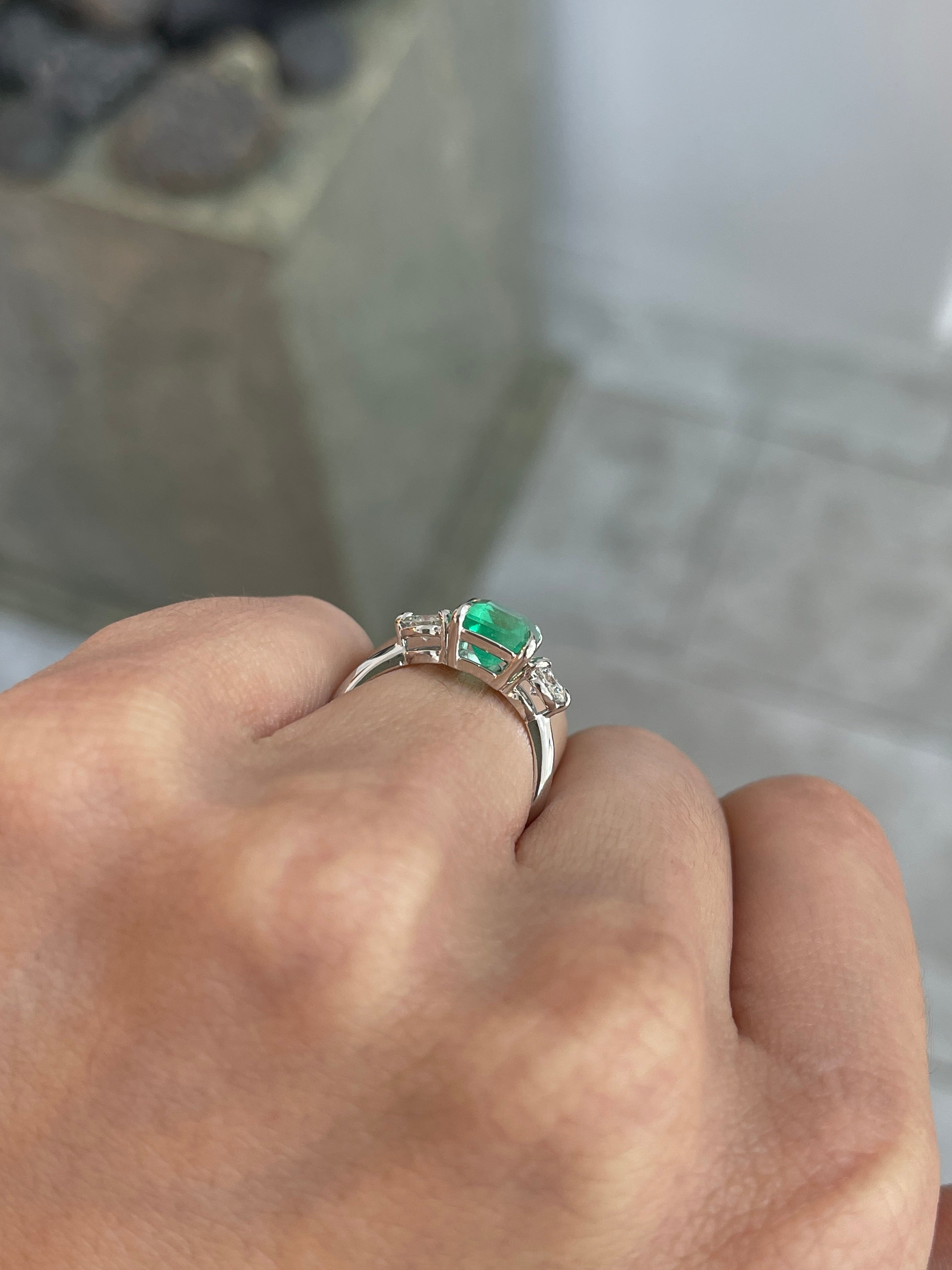 2.95tcw Emerald Cut Colombian Emerald And Diamond Three Stone Engagement Ring 14K White Gold - JR Colombian Emeralds