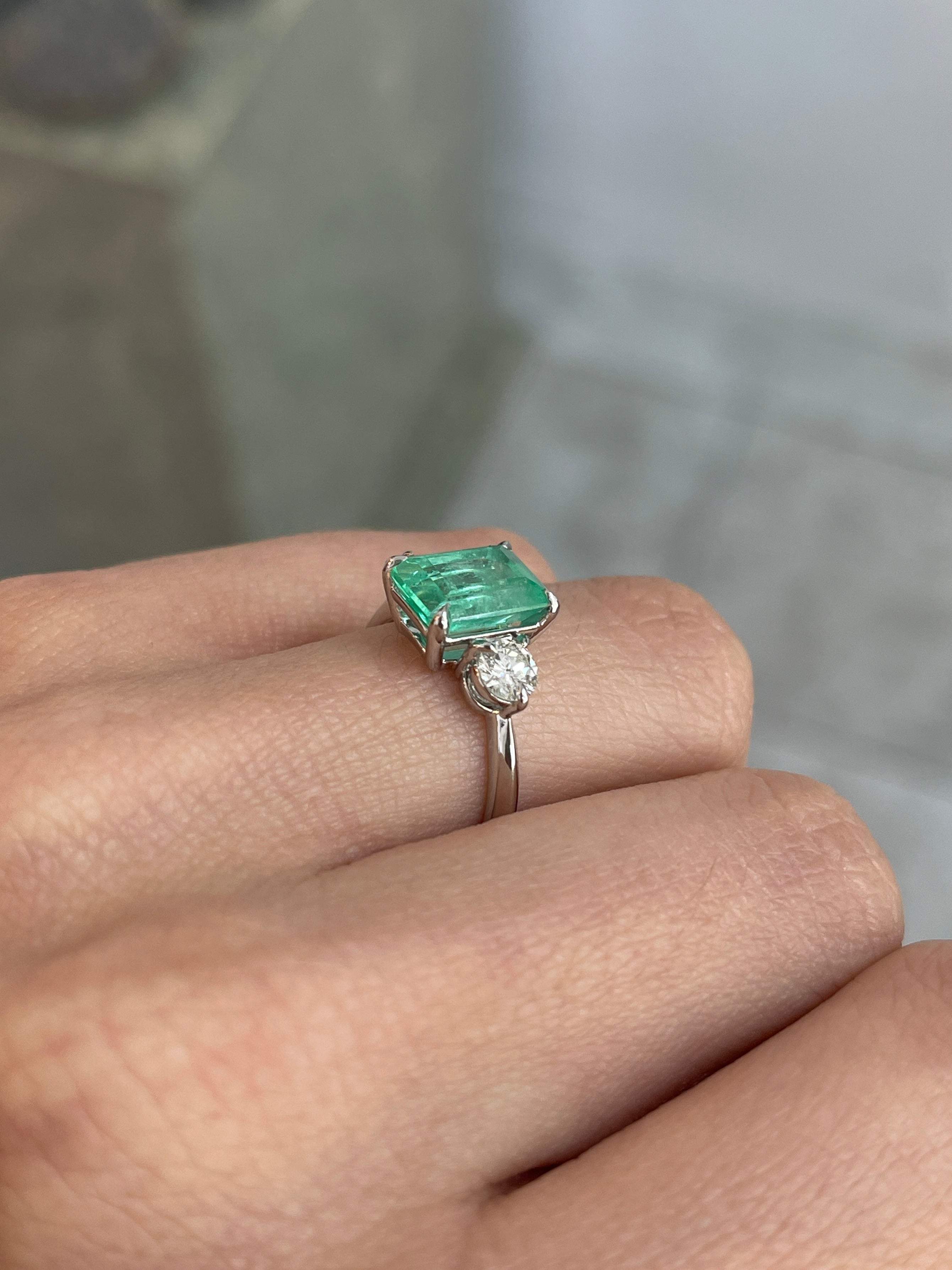 2.95tcw Emerald Cut Colombian Emerald And Diamond Three Stone Engagement Ring 14K White Gold - JR Colombian Emeralds