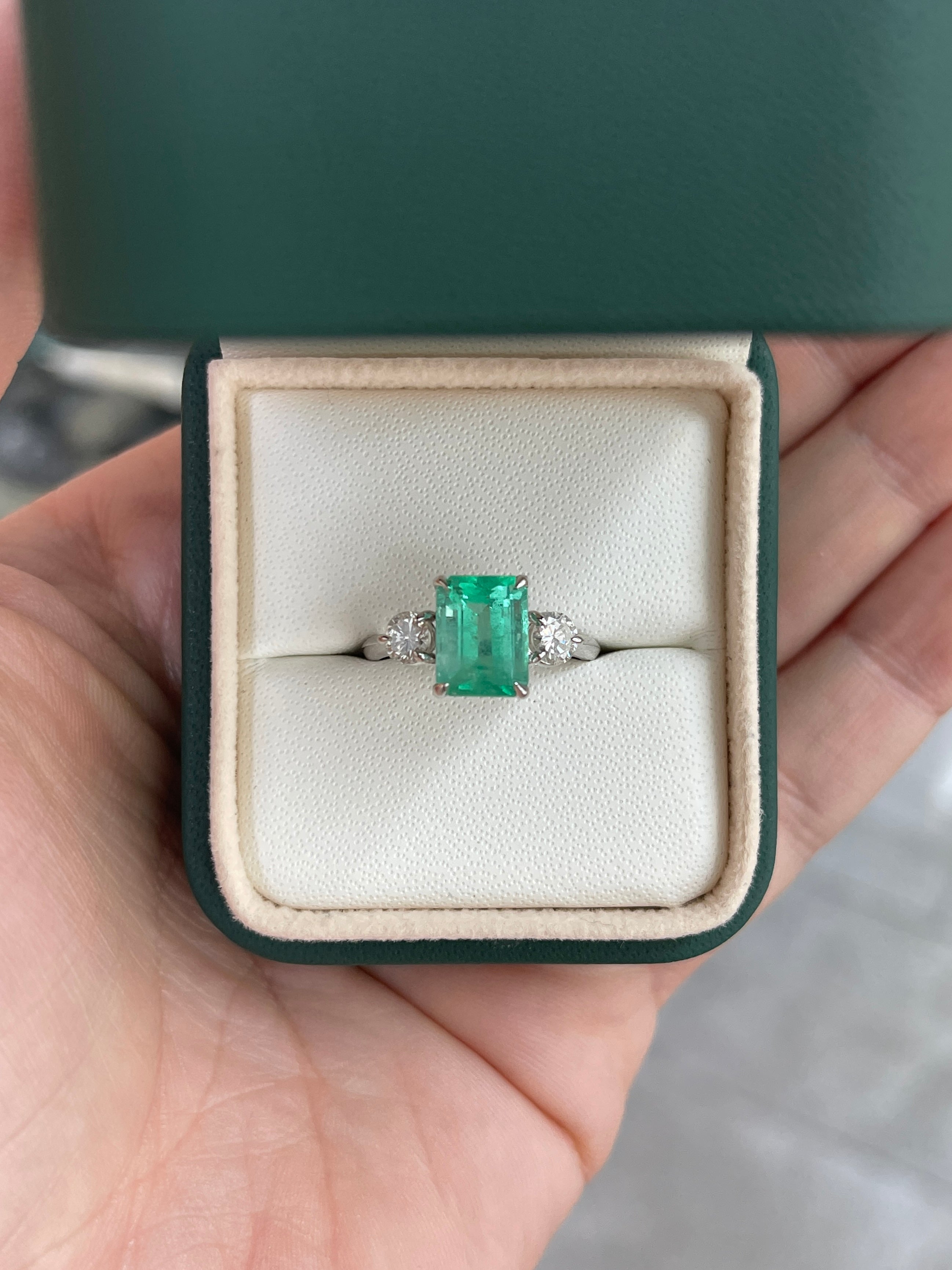 2.95tcw Emerald Cut Colombian Emerald And Diamond Three Stone Engagement Ring 14K White Gold - JR Colombian Emeralds