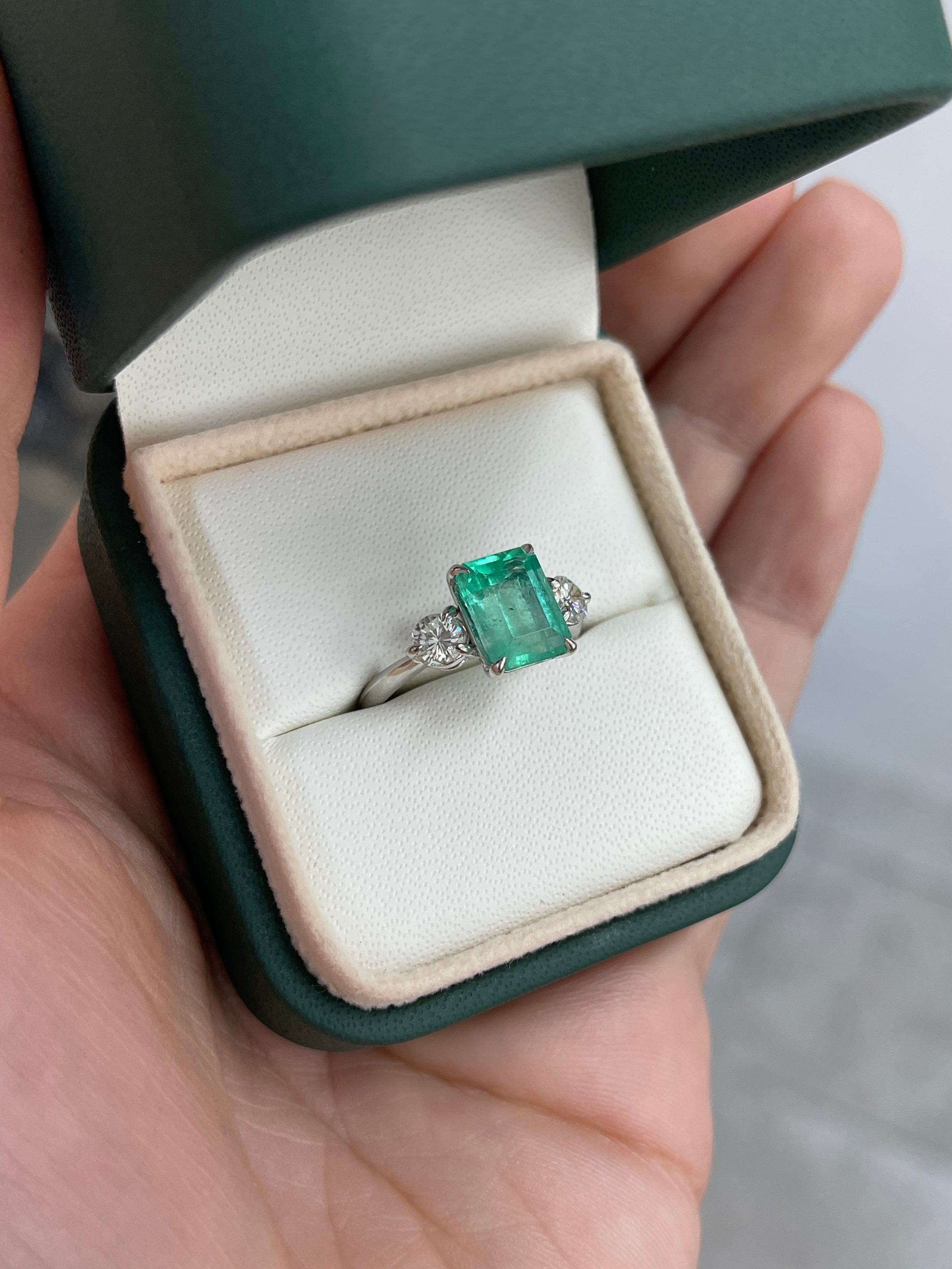 2.95tcw Emerald Cut Colombian Emerald And Diamond Three Stone Engagement Ring 14K White Gold - JR Colombian Emeralds