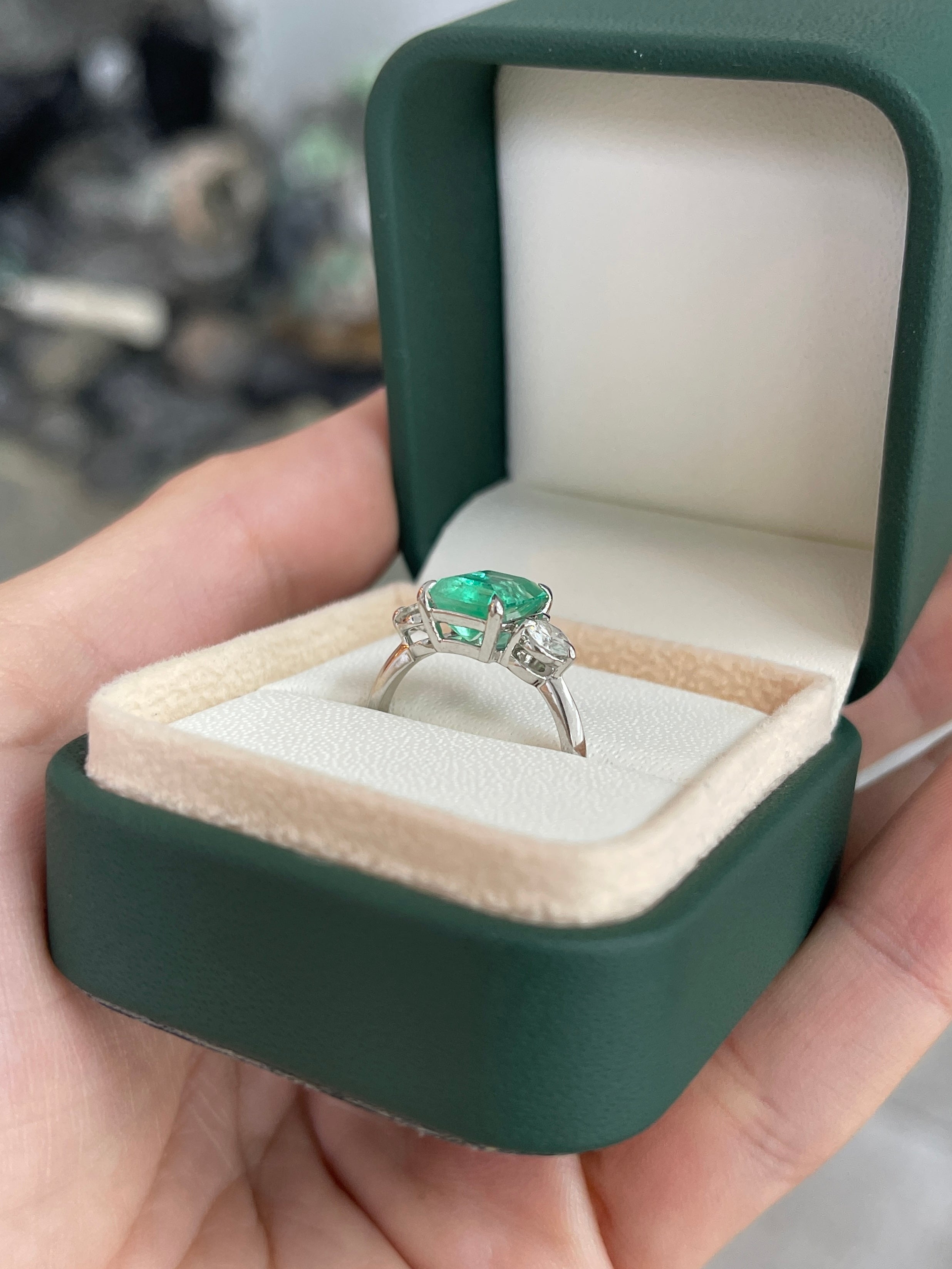 2.95tcw Emerald Cut Colombian Emerald And Diamond Three Stone Engagement Ring 14K White Gold - JR Colombian Emeralds