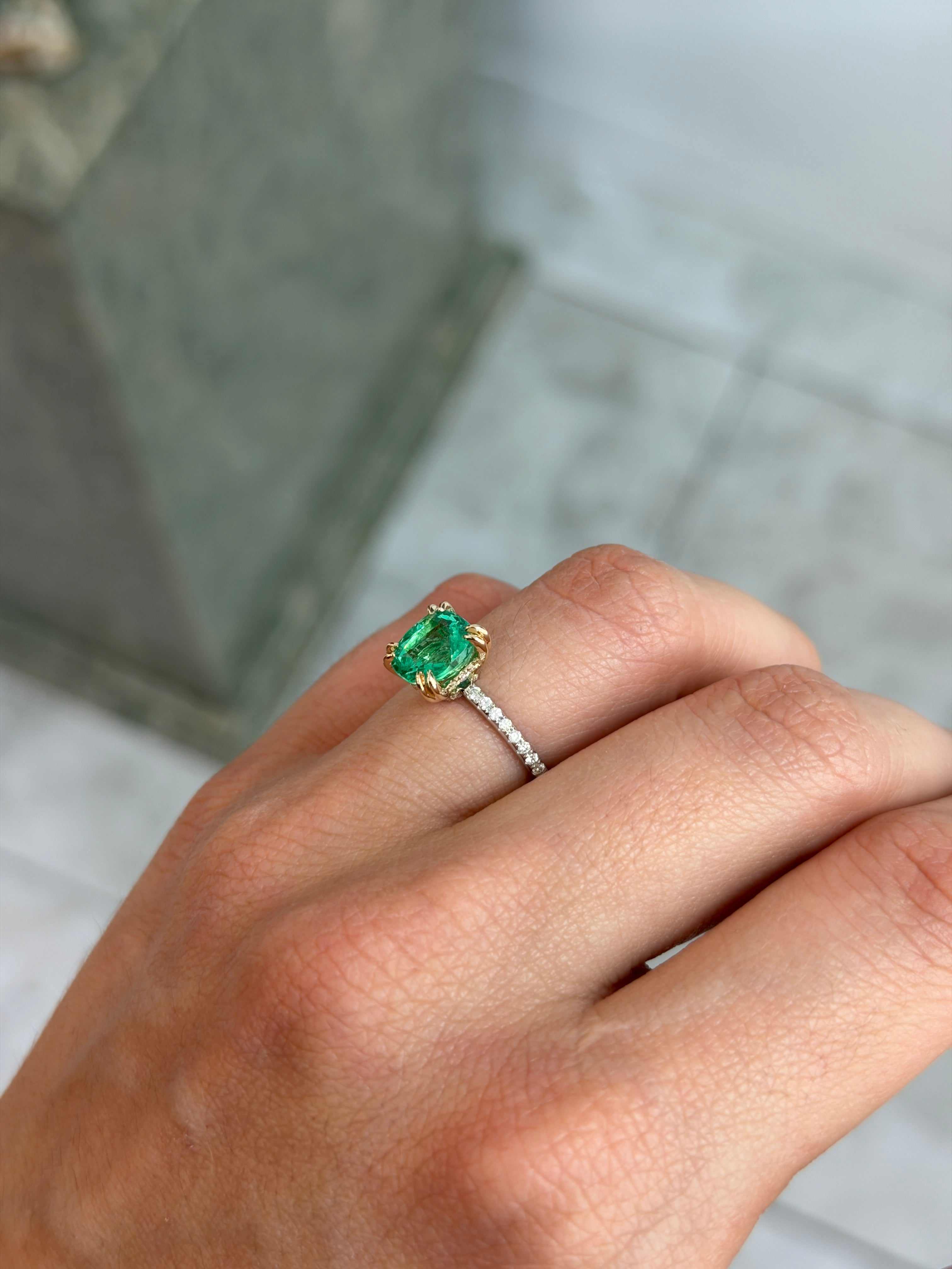 14K engagement ring with 2.58tcw cushion-cut natural emerald and diamond accents, crafted by JR Colombian Emeralds.
