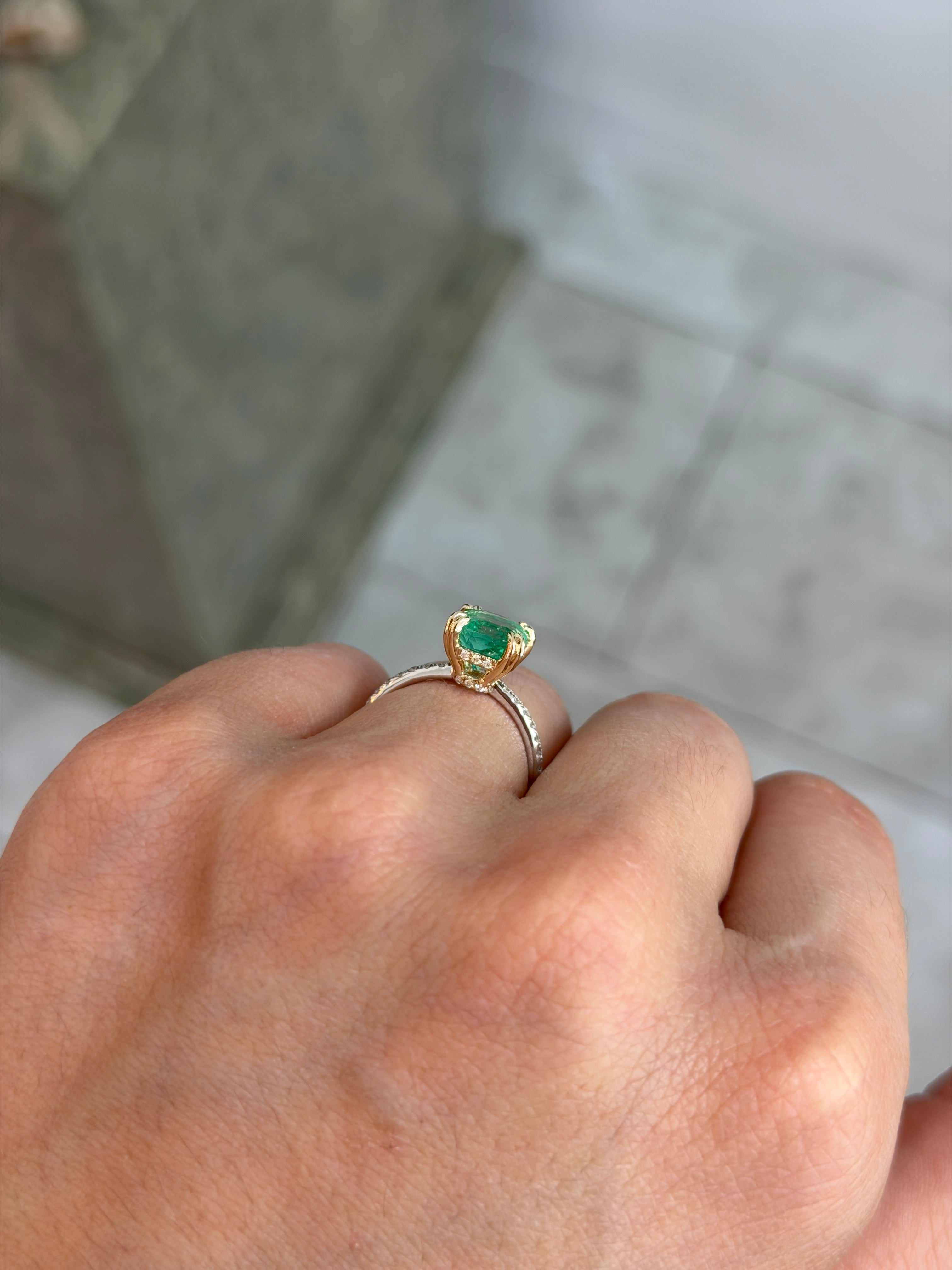 14K engagement ring featuring a 2.58tcw cushion-cut natural emerald with diamond accents, by JR Colombian Emeralds.