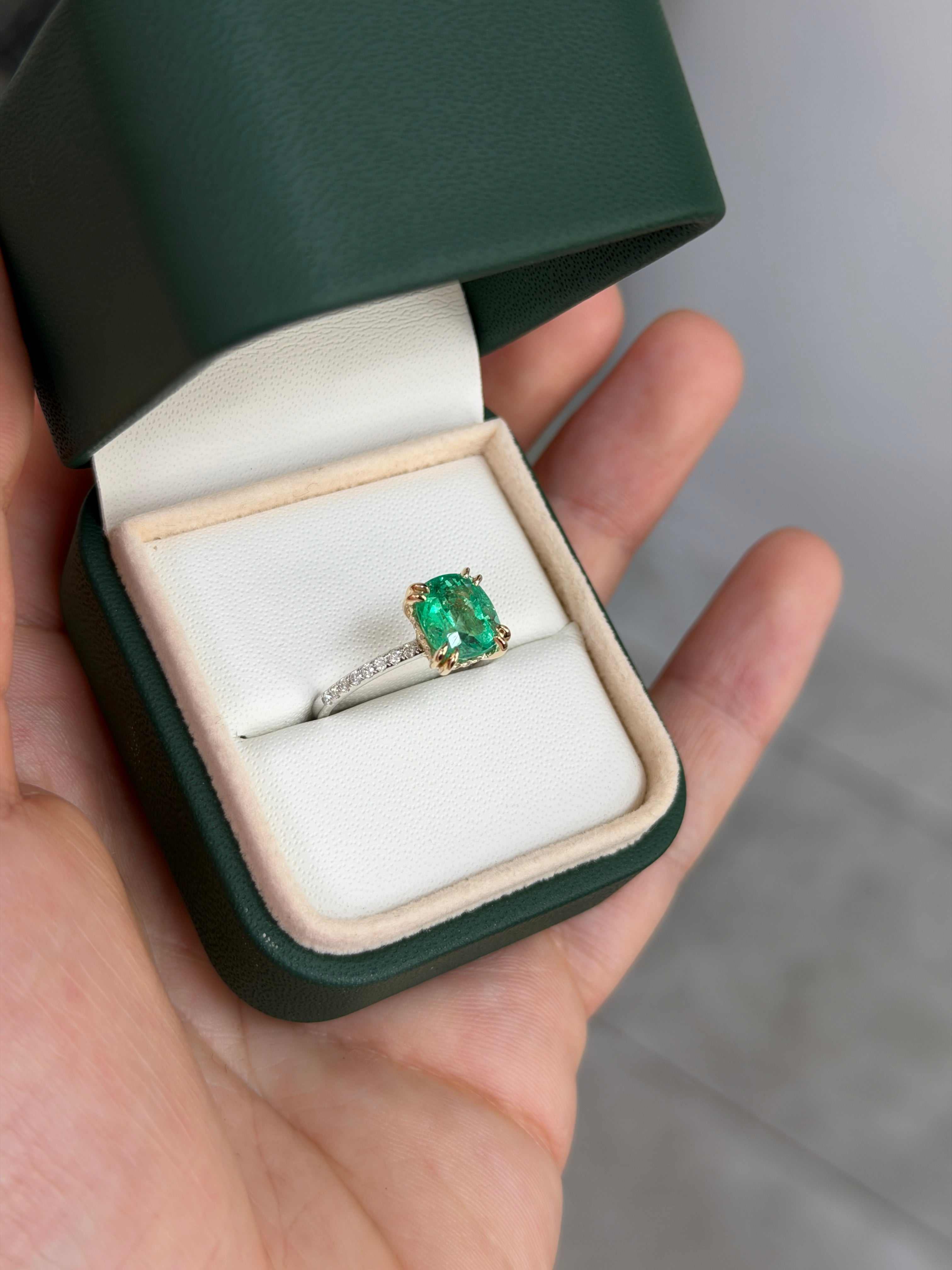 14K engagement ring featuring a 2.58tcw cushion-cut natural emerald with diamond accents, from JR Colombian Emeralds.