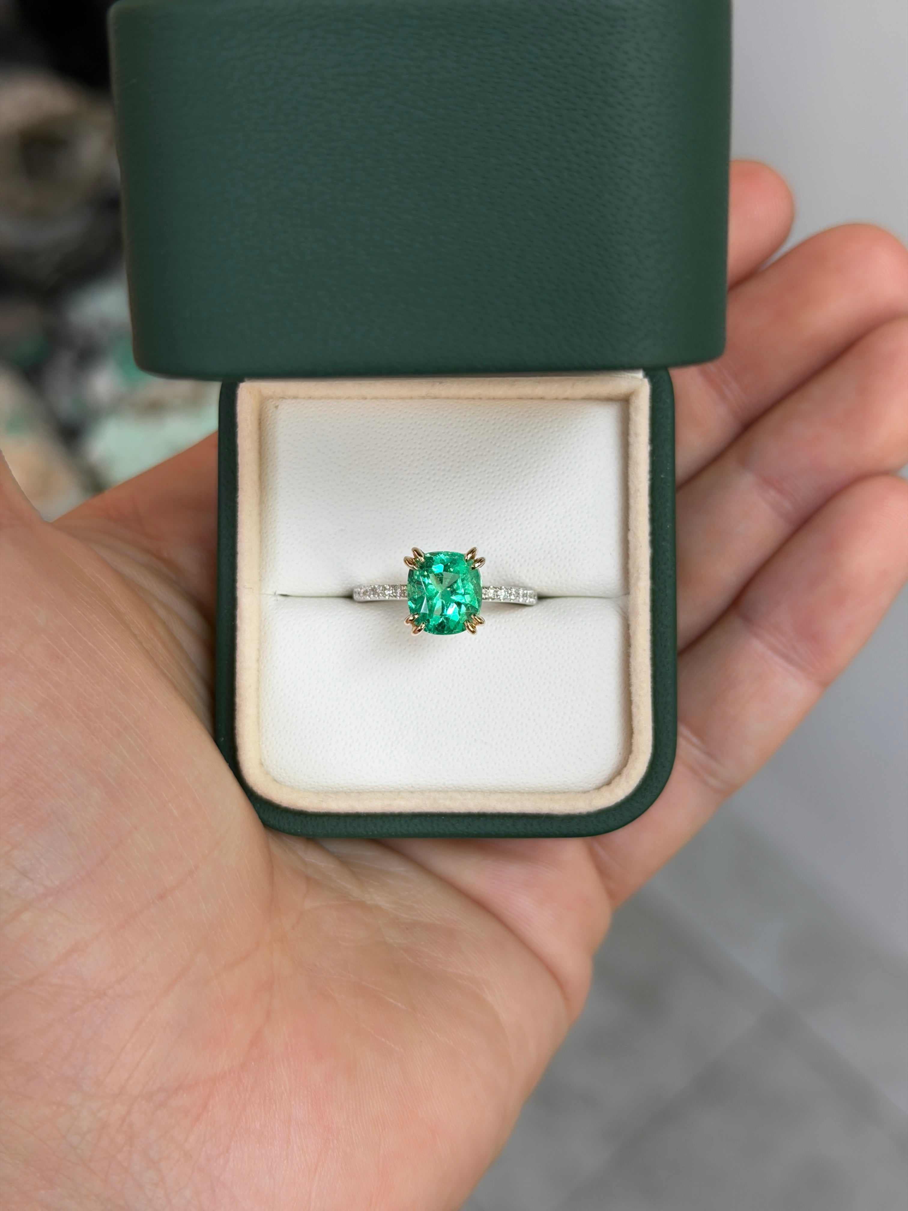 14K engagement ring featuring a 2.58ct cushion-cut natural emerald with diamond accents, by JR Colombian Emeralds.