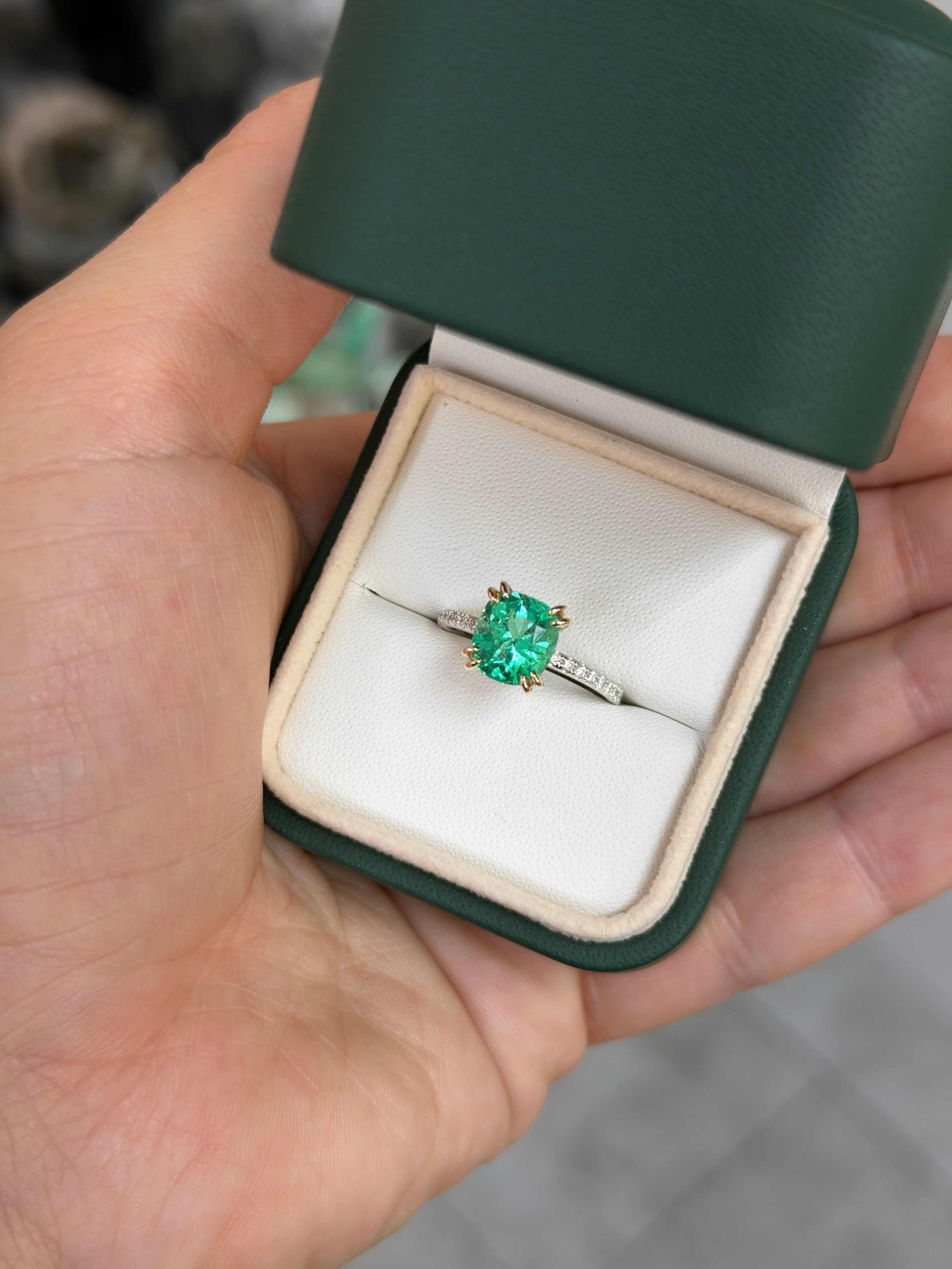 14K engagement ring featuring a 2.58tcw cushion-cut natural emerald with diamond accents, by JR Colombian Emeralds.