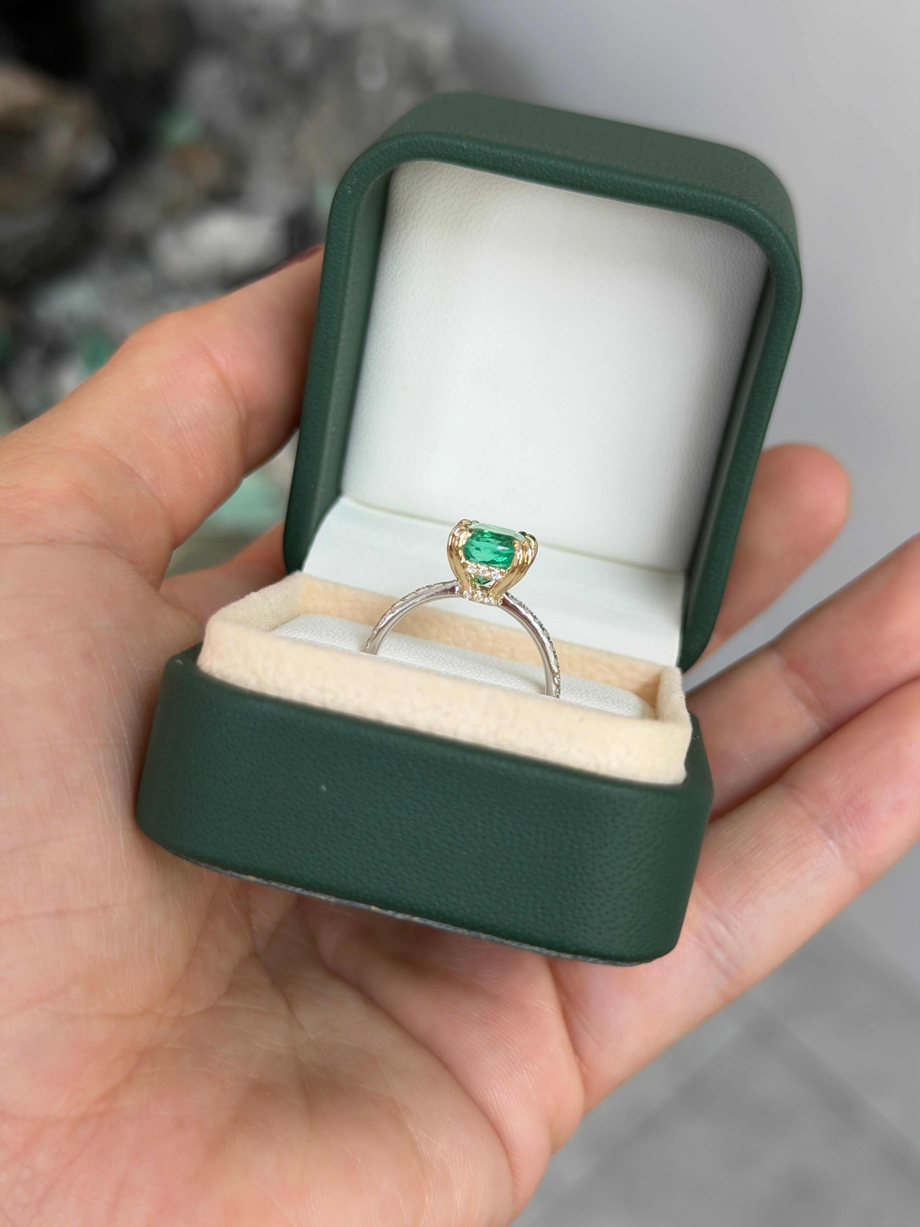 14K engagement ring with 2.58tcw cushion-cut natural emerald and diamond accents, from JR Colombian Emeralds.