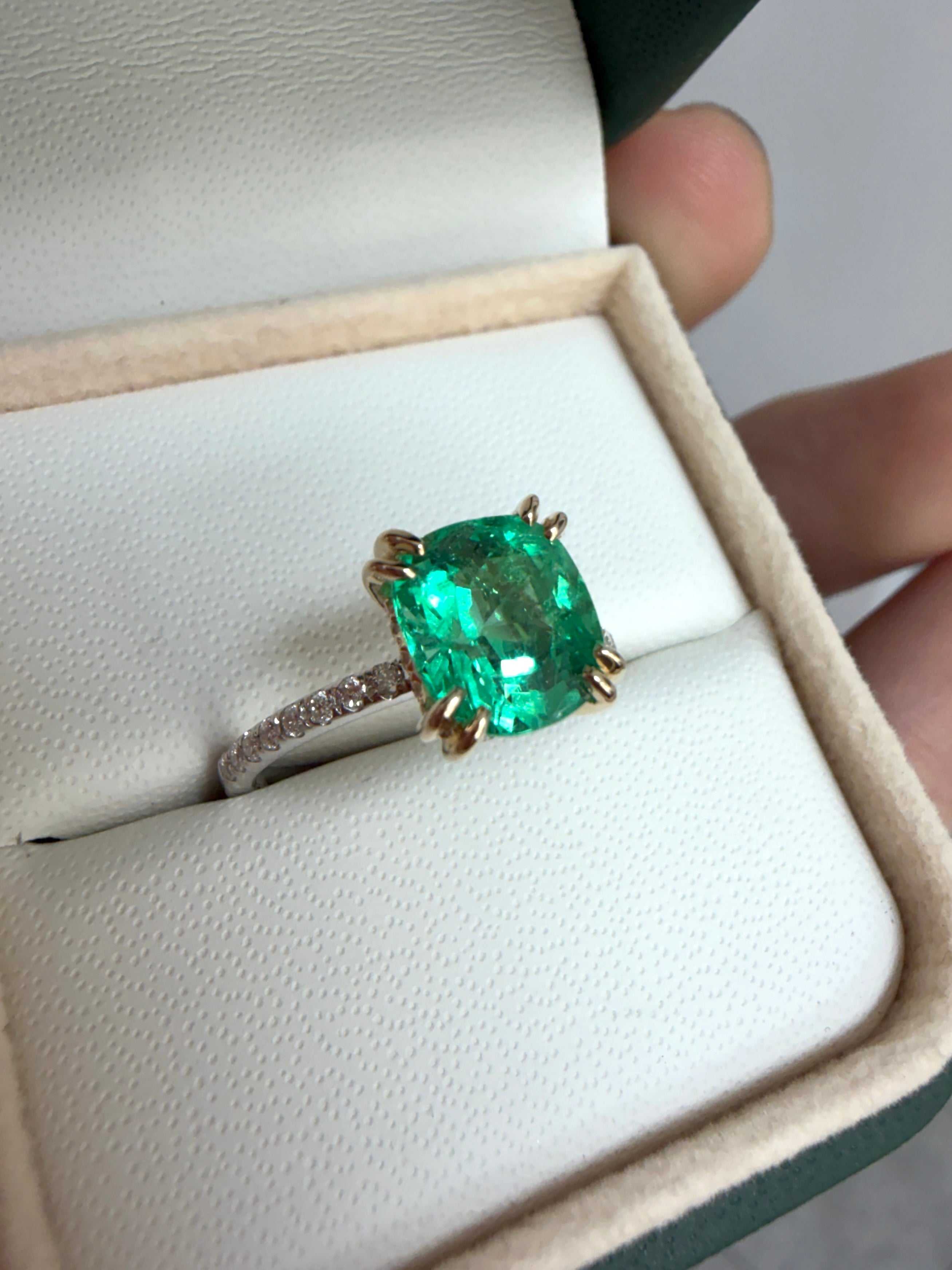 14K engagement ring featuring a 2.58tcw cushion-shaped natural emerald with diamond accents, from JR Colombian Emeralds.