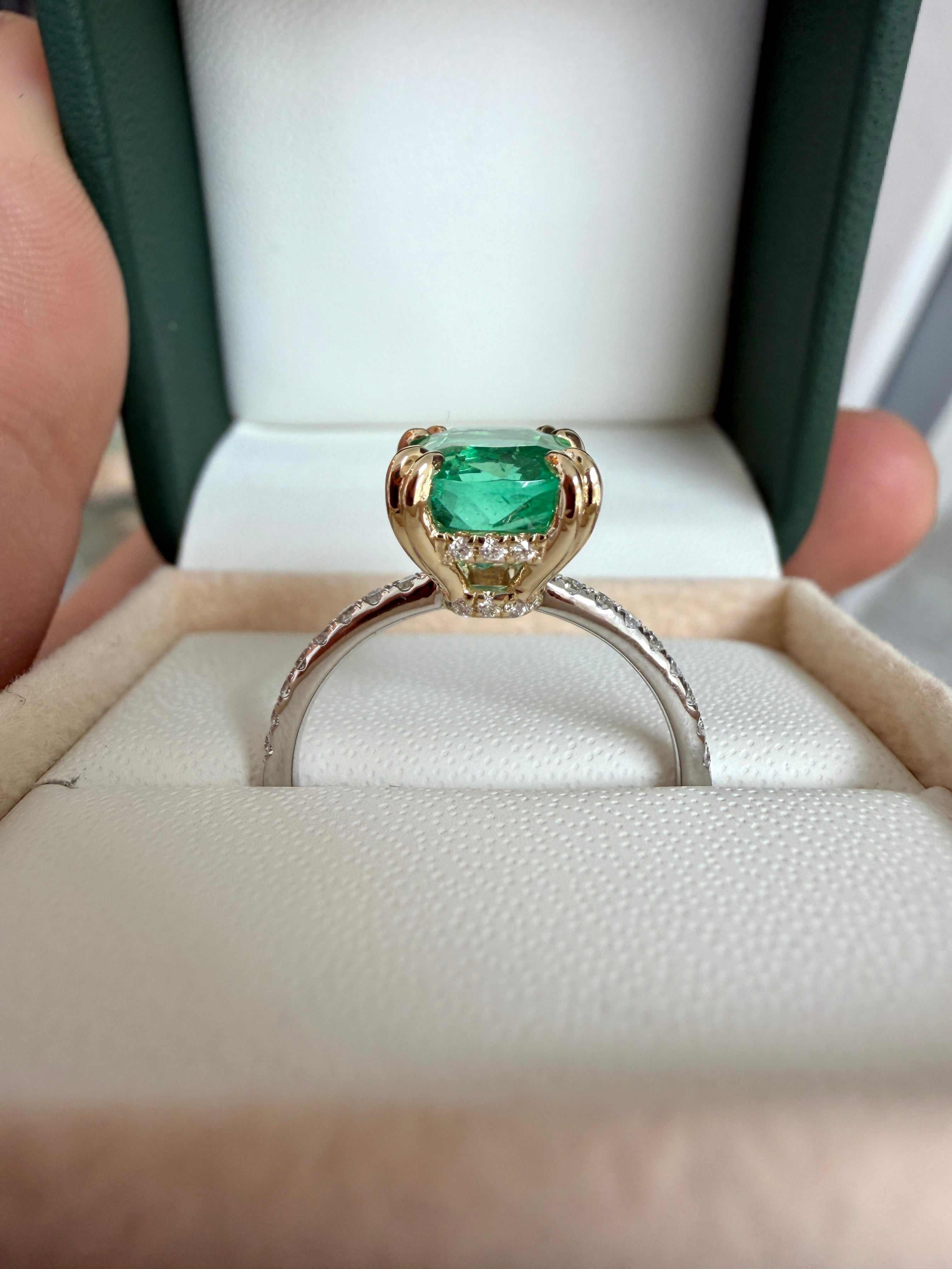 14K engagement ring featuring a 2.58tcw cushion-cut natural emerald with diamond accents, crafted by JR Colombian Emeralds.