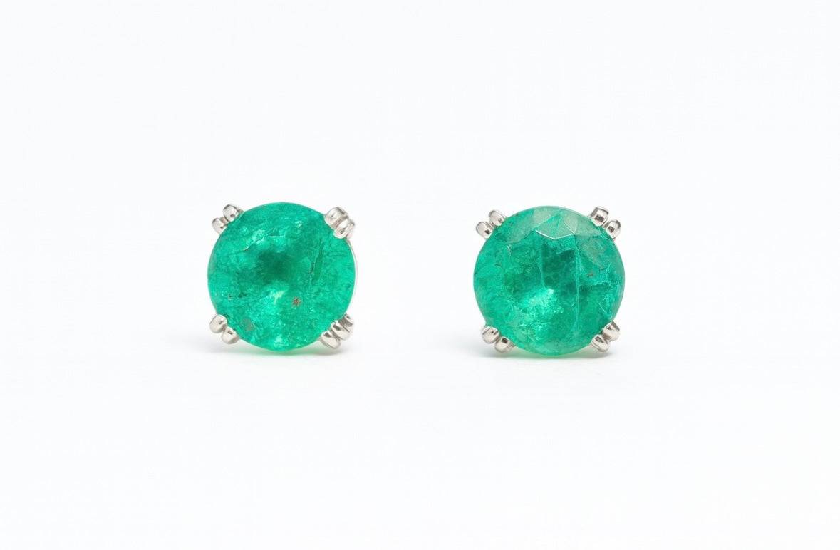 1.09tcw 5mm round emerald stud earrings with double prong setting in 14K white gold