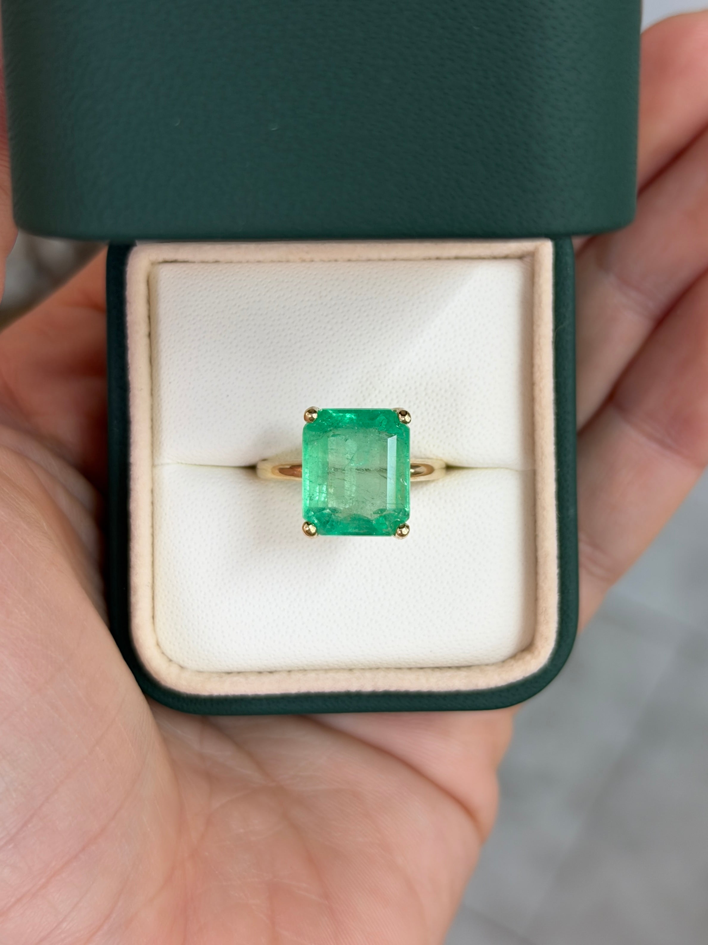 6.85 Carat Luminous Yellowish Green Colombian Emerald Solitaire Engagement Ring 14K
