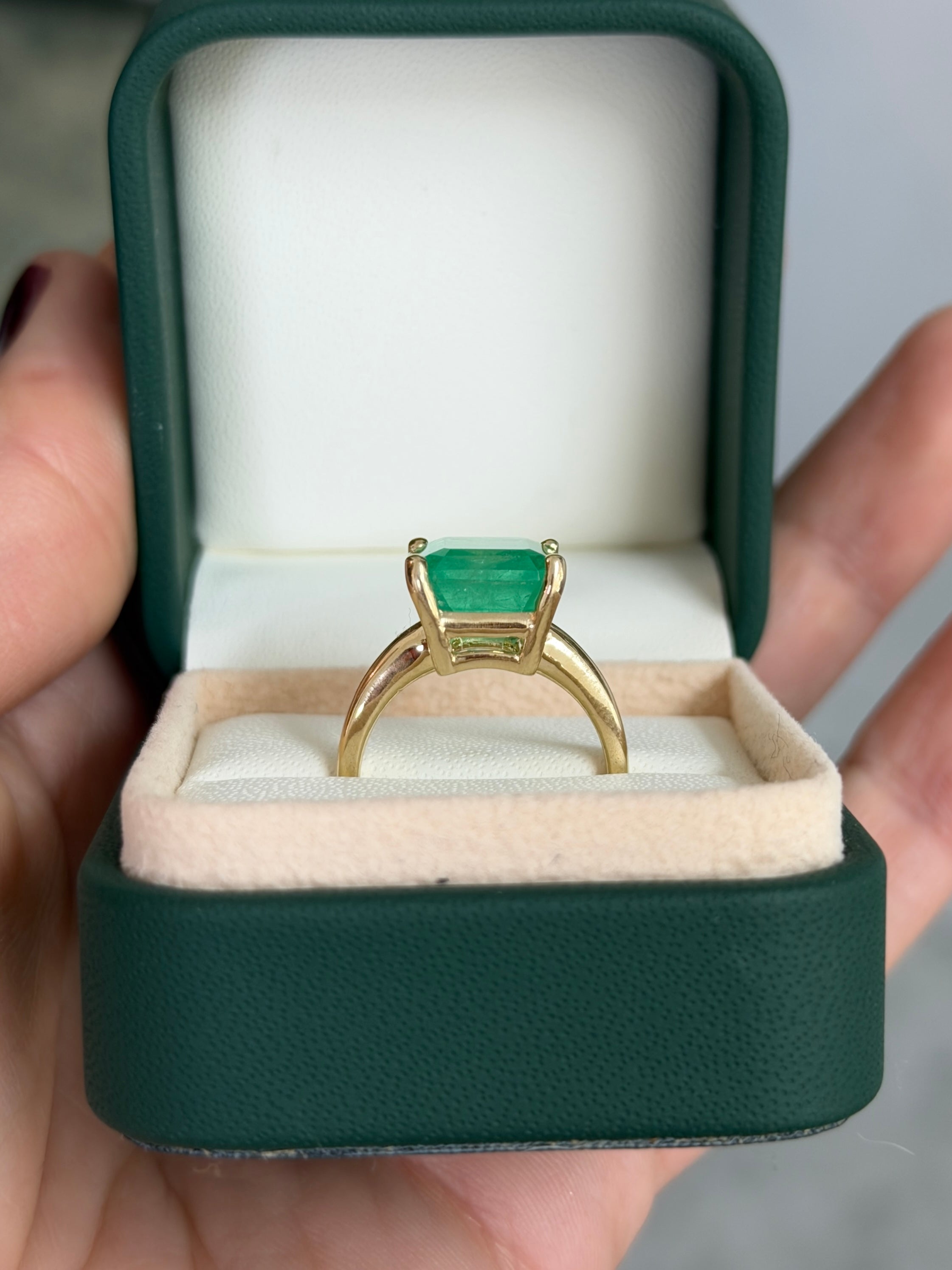 6.85 Carat Luminous Yellowish Green Colombian Emerald Solitaire Engagement Ring 14K