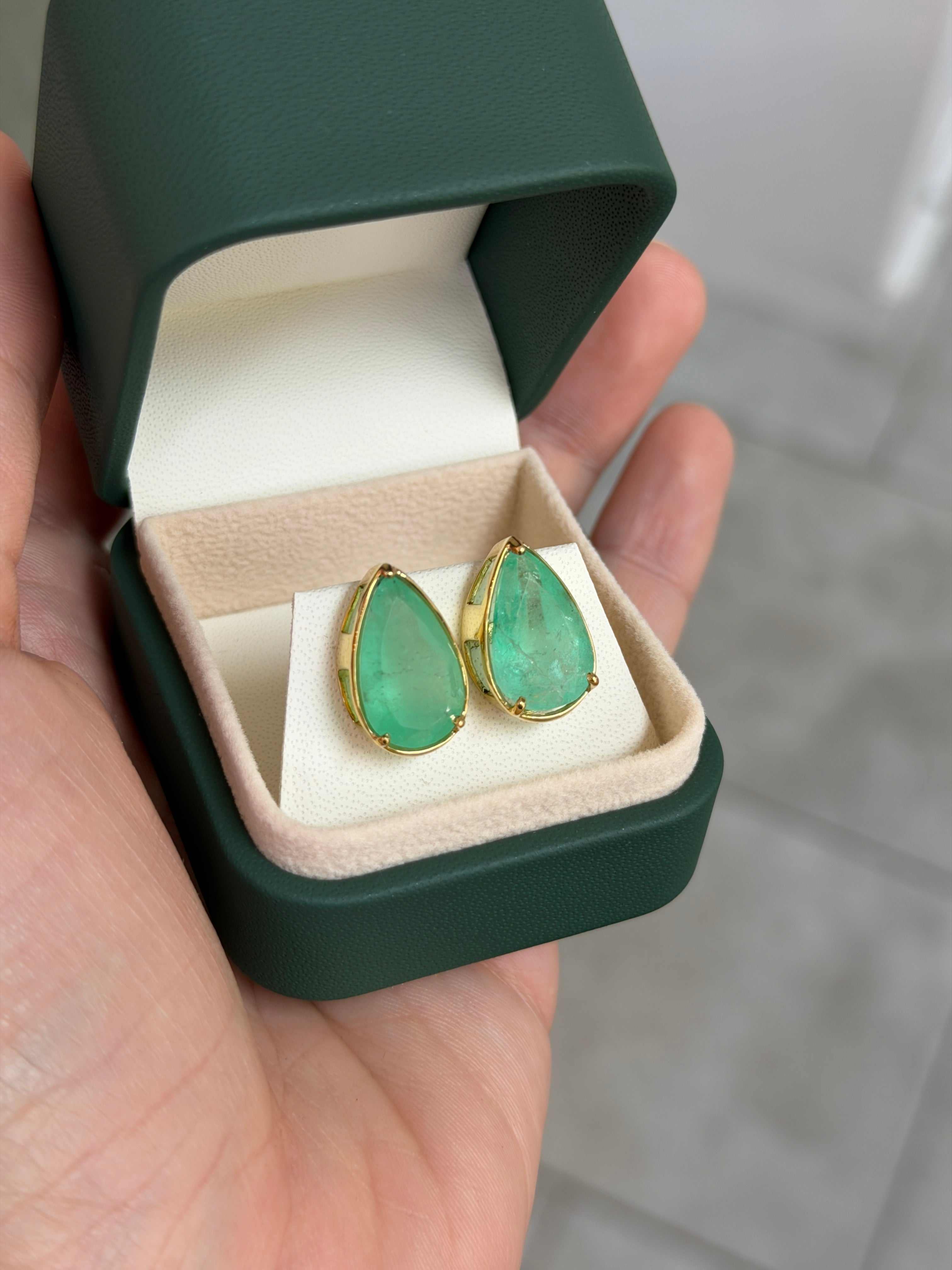 11.51tcw XL Earthy Colombian Emerald Three Prong Studs 14K