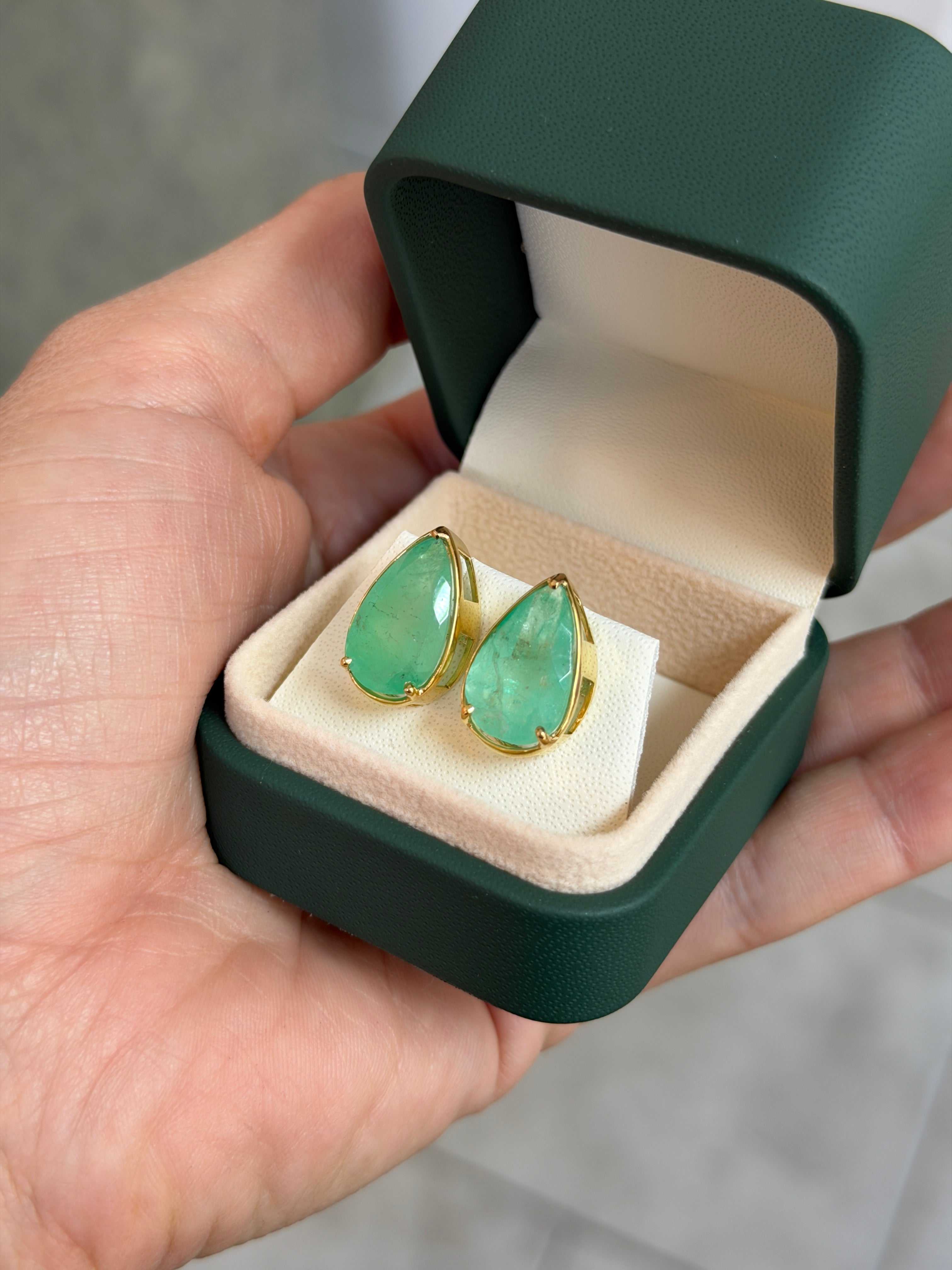 11.51tcw XL Earthy Colombian Emerald Three Prong Studs 14K