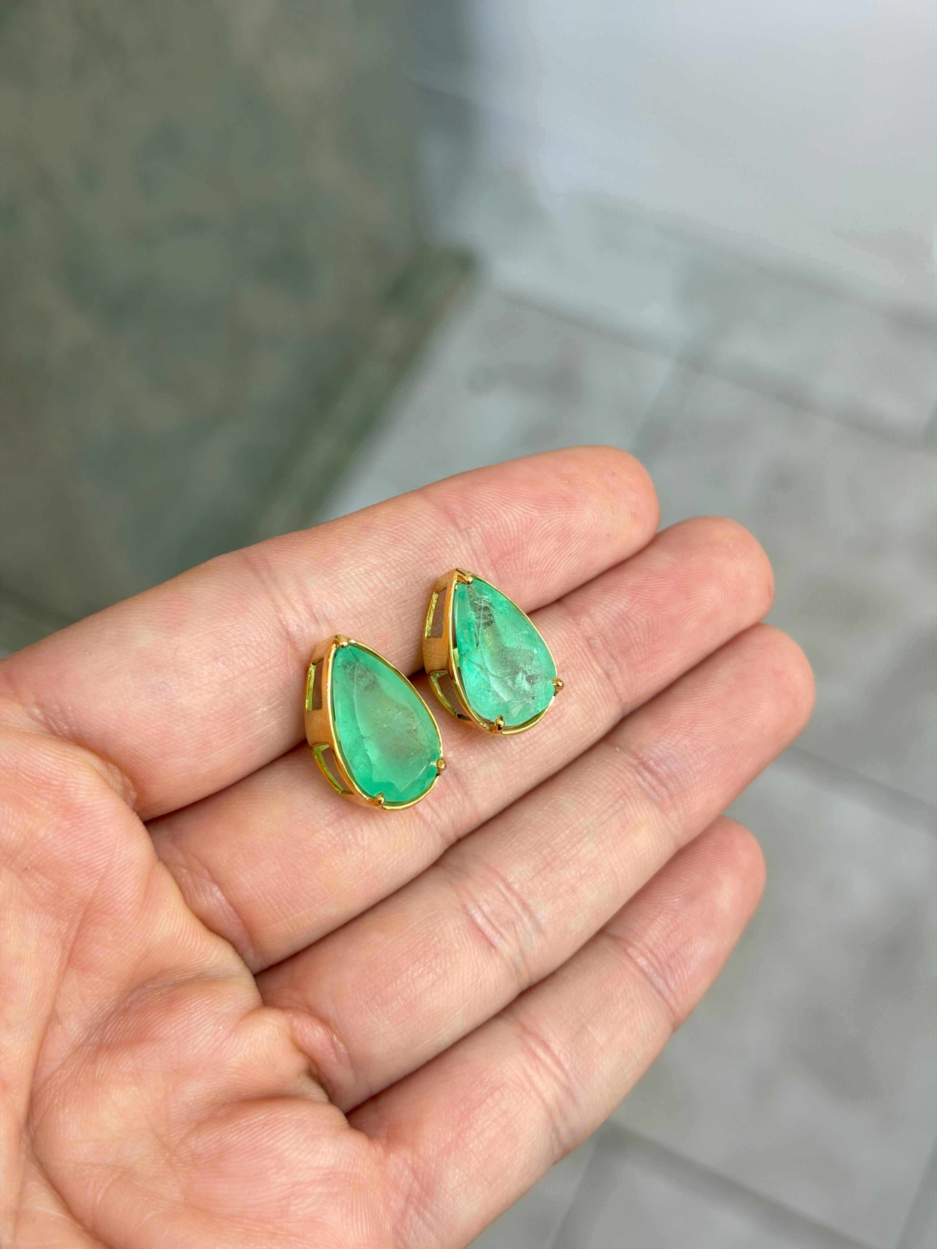 11.51tcw XL Earthy Colombian Emerald Three Prong Studs 14K