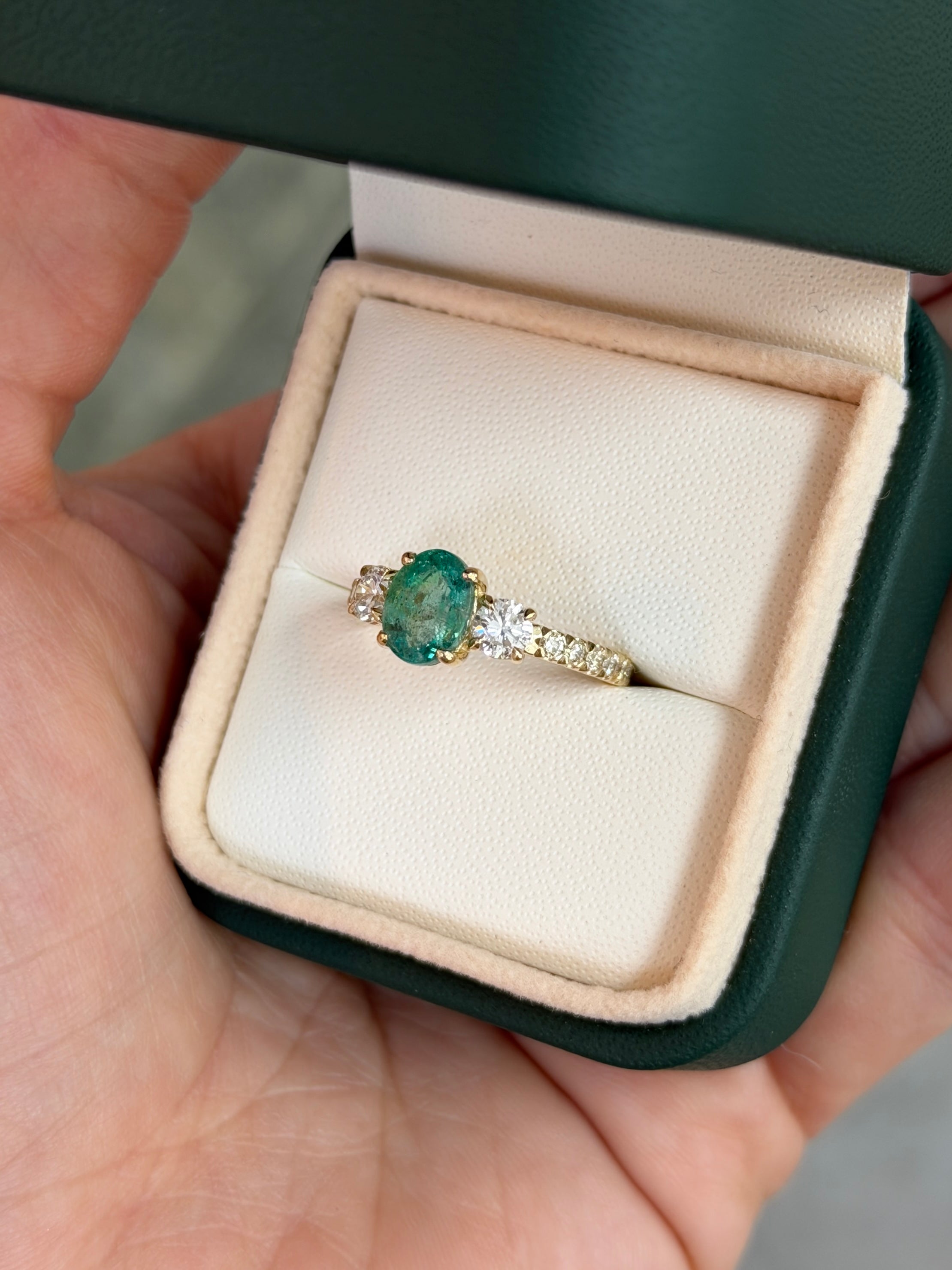2.40tcw Oval Emerald & Round Lab Diamond Three Stone with Accents 14K - JR Colombian Emeralds