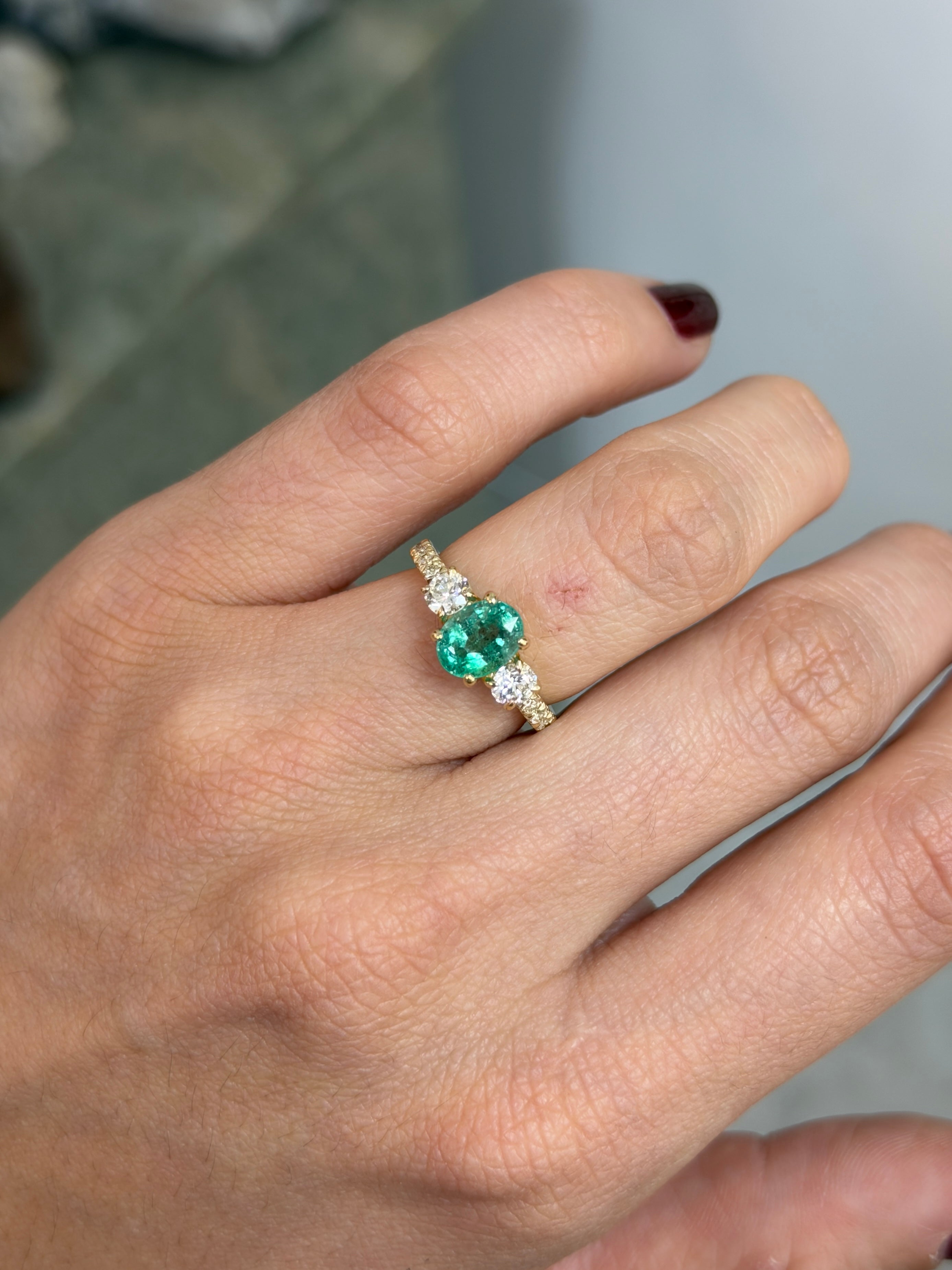2.40tcw Oval Emerald & Round Lab Diamond Three Stone with Accents 14K - JR Colombian Emeralds