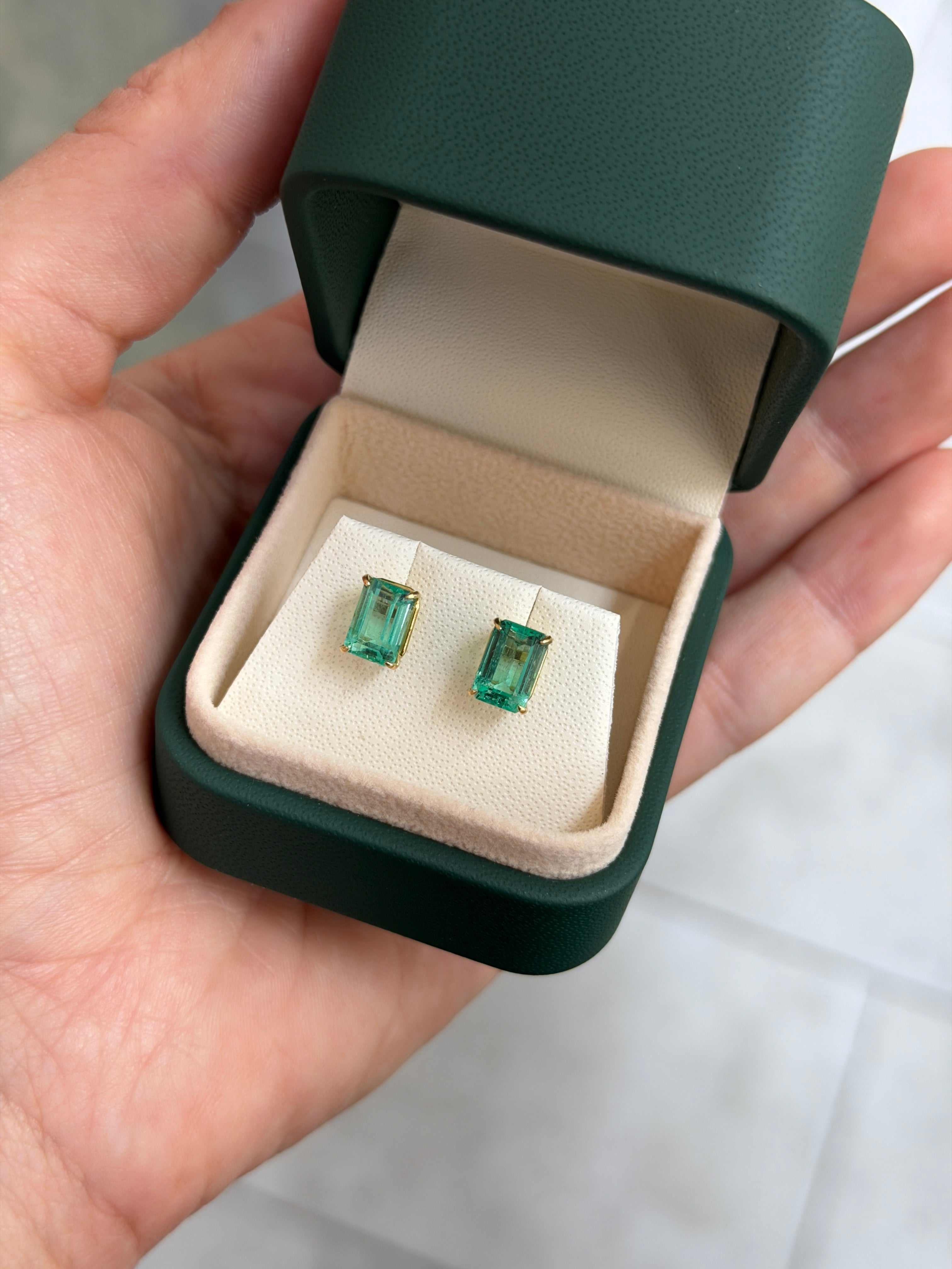 2.86tcw Light Bluish Green Crystal Clear Colombian Emerald Studs 18K