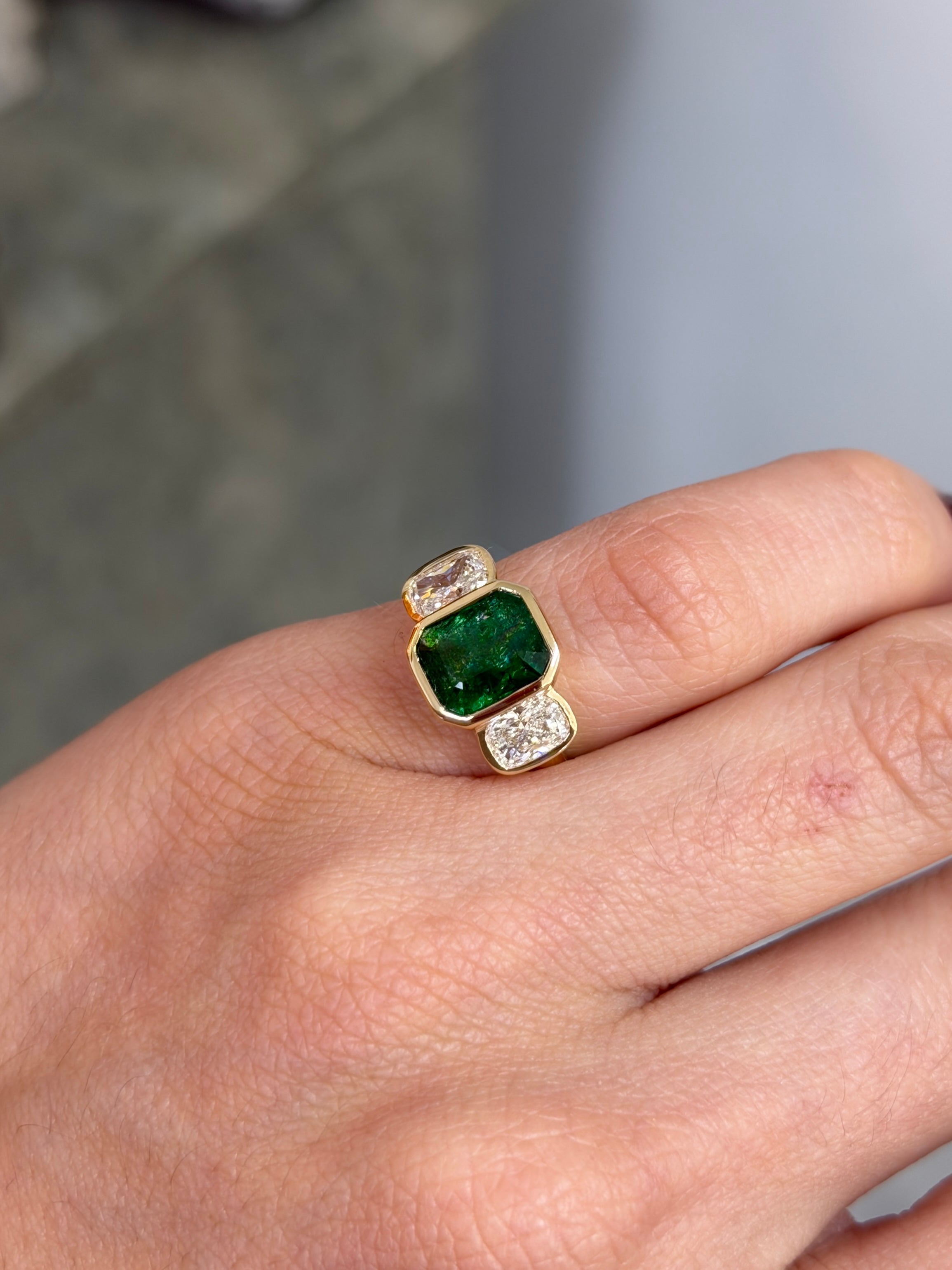 3.70tcw Bezel Set Emerald & Cushion Cut Lab Diamond Three Stone Ring 14K - JR Colombian Emeralds