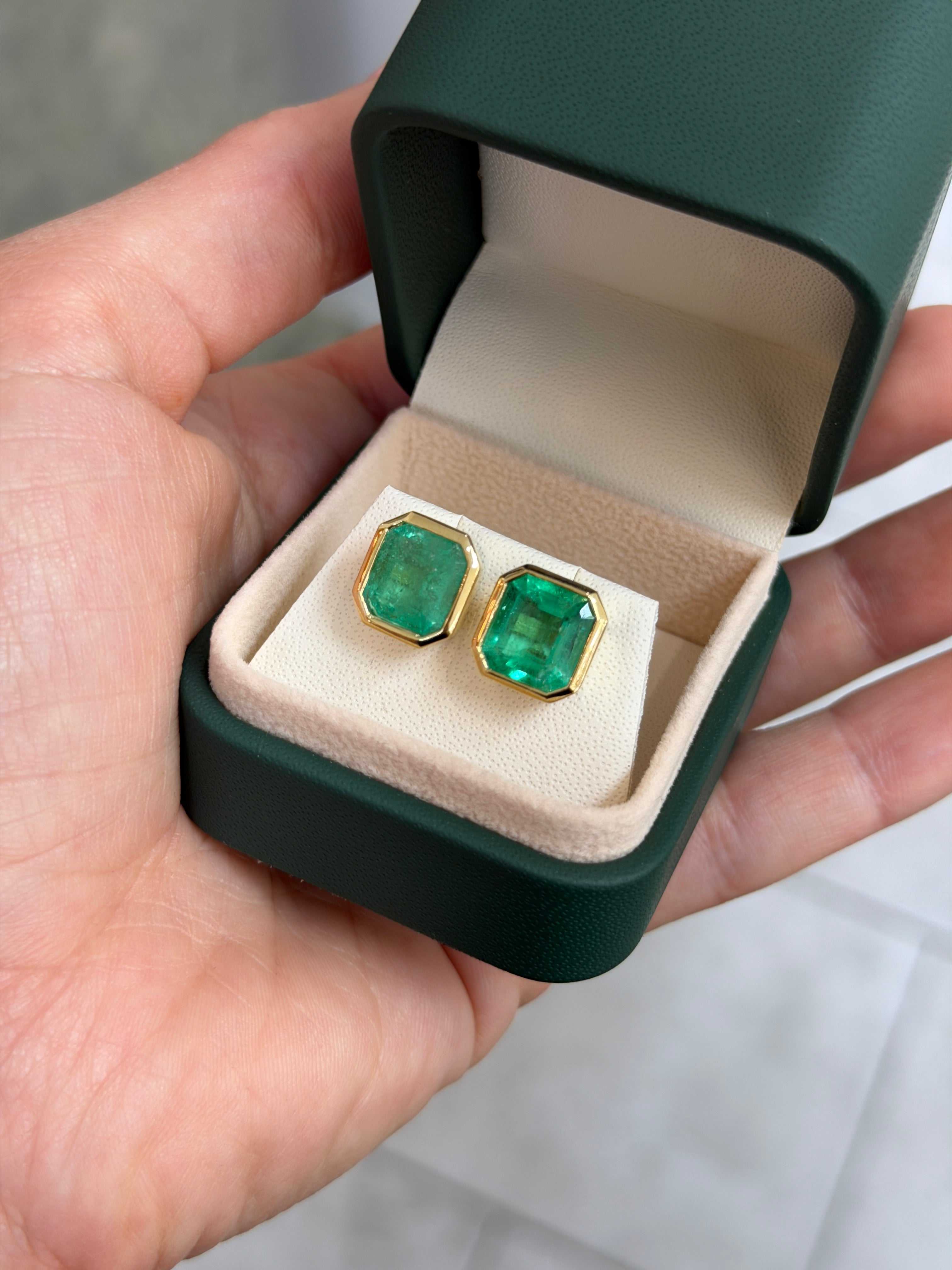 6.23tcw Asscher Cut Colombian Emerald Bezel Set Studs 18K