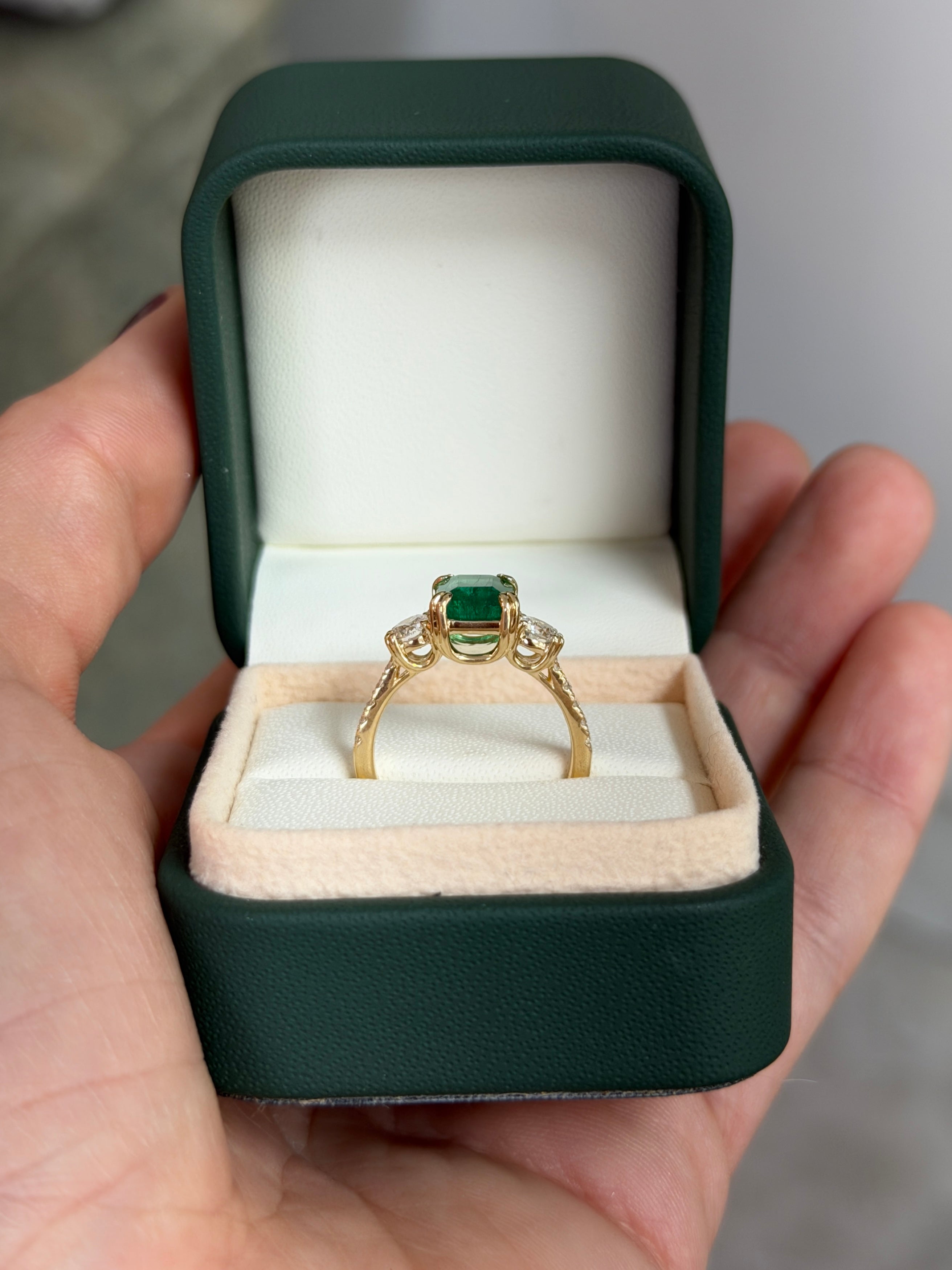 3.16tcw Classic Emerald Cut & Lab Diamond Three Stone with Accents 14K - JR Colombian Emeralds
