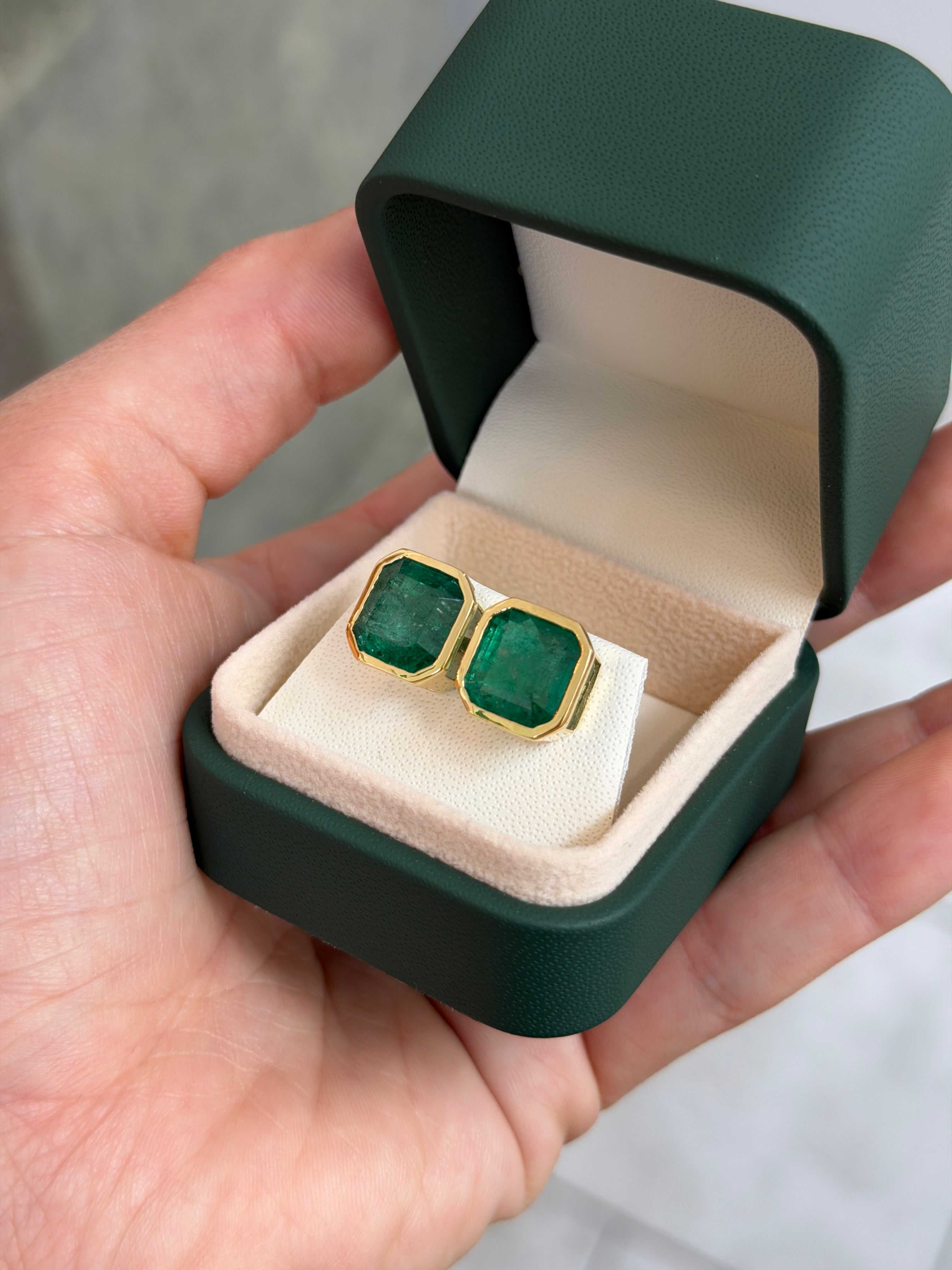 11.95tcw XL Asscher Cut Emerald Bezel Earrings 18K