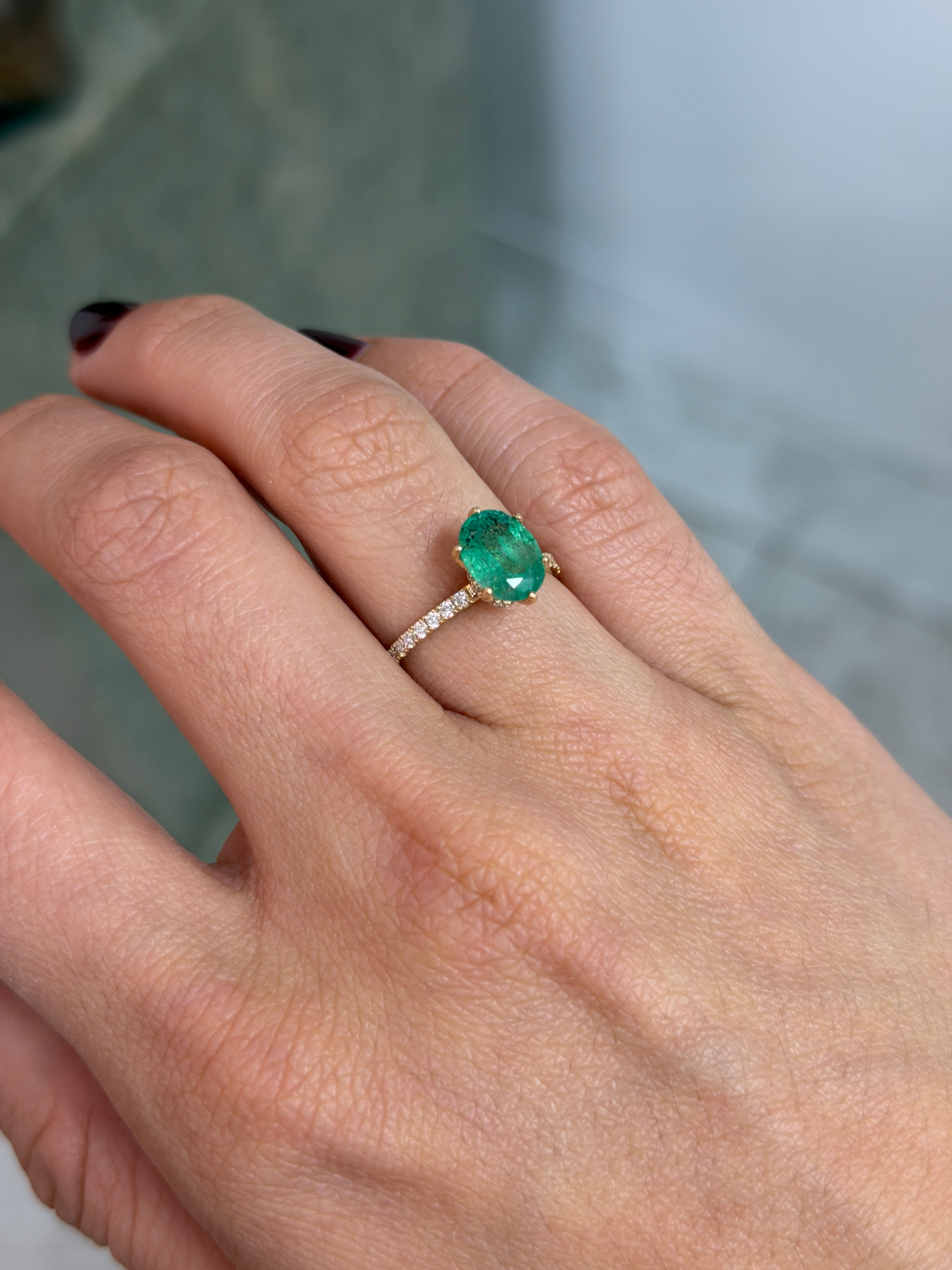 2.40tcw Natural Oval Freckled Emerald & Lab Diamond Accented Engagement Ring 14K - JR Colombian Emeralds