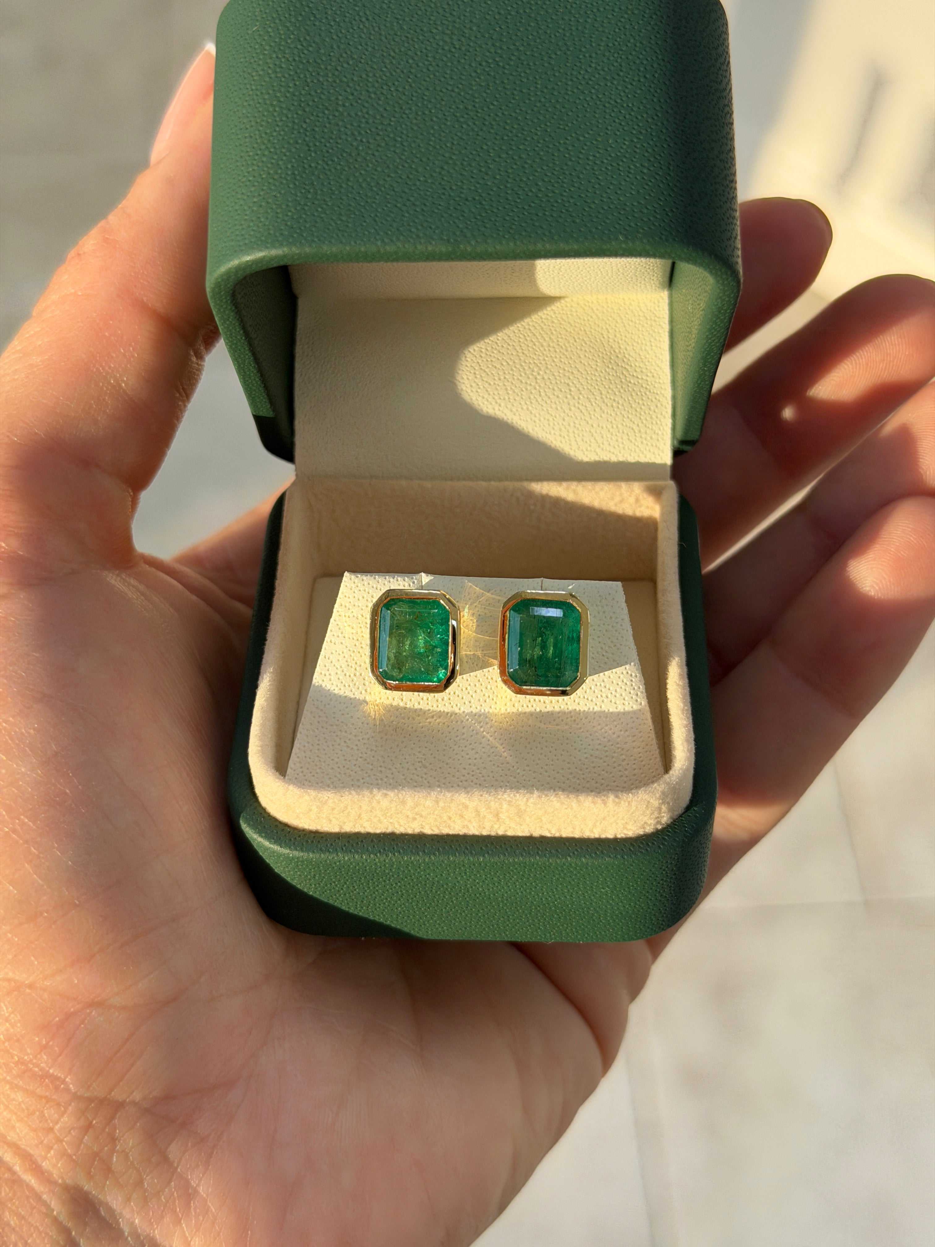 4.56tcw Emerald Cut Emerald Bezel Studs 18K