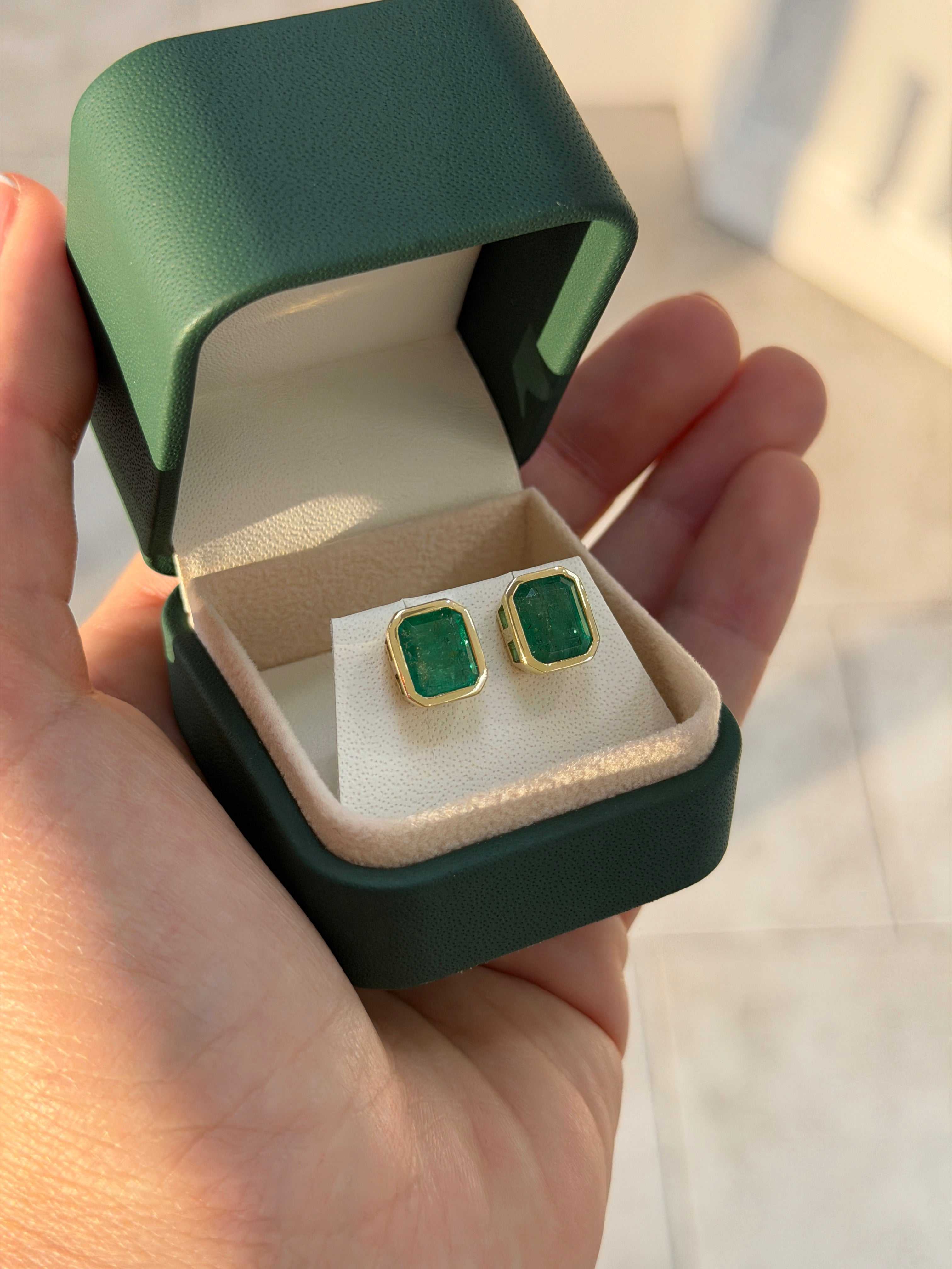 4.56tcw Emerald Cut Emerald Bezel Studs 18K