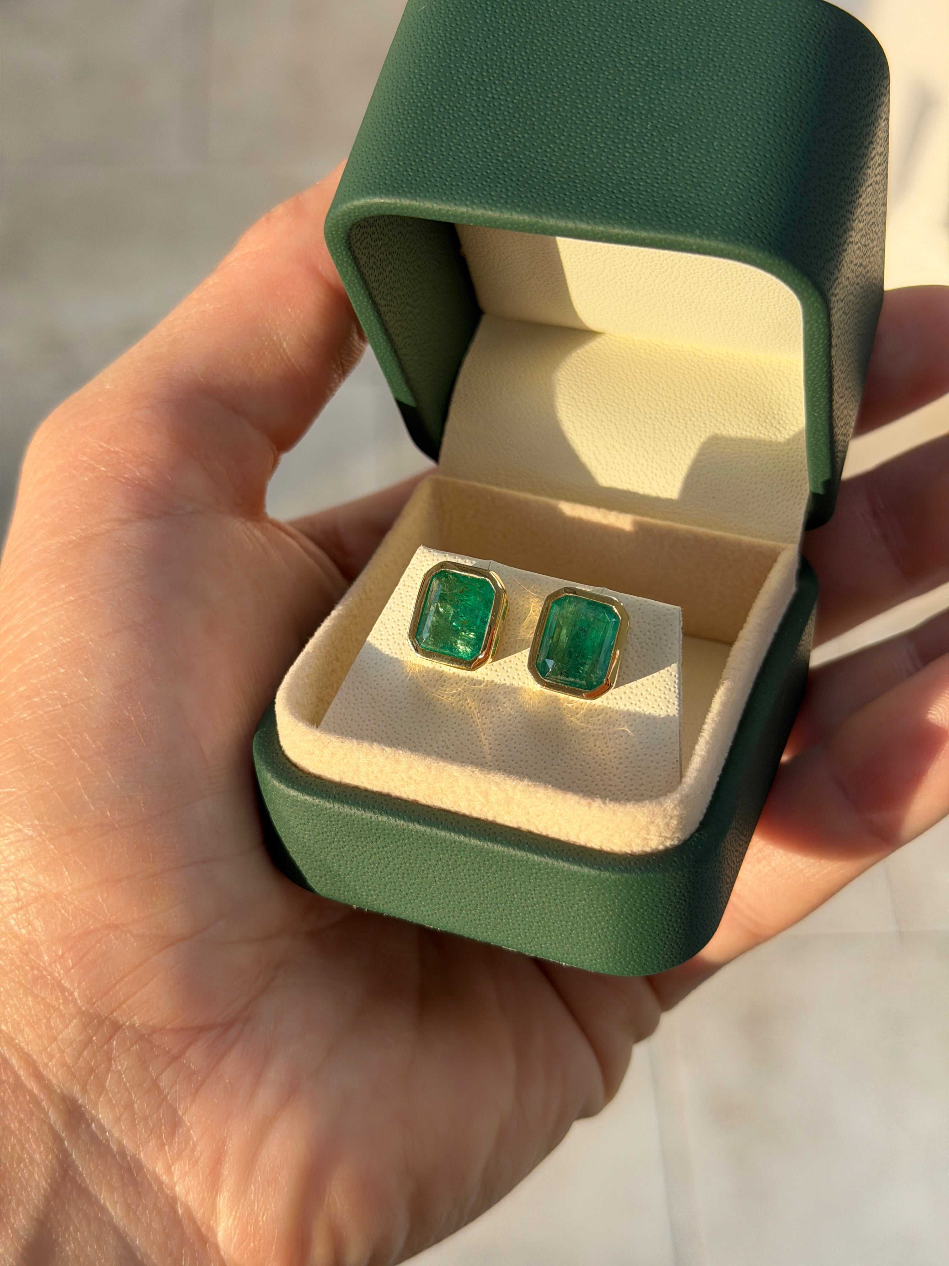 4.56tcw Emerald Cut Emerald Bezel Studs 18K