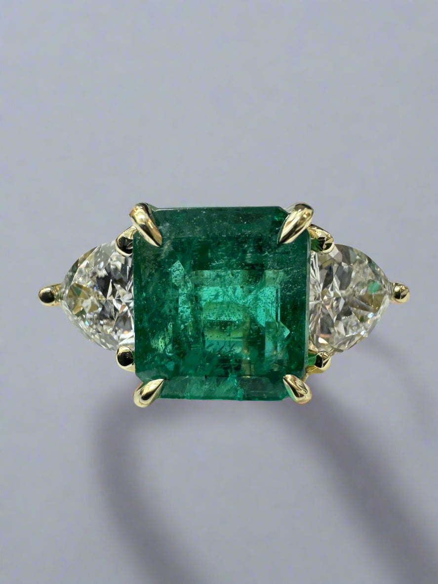 4.10tcw Asscher Cut Natural Emerald & Trillion Cut Lab Diamond Three-Stone Engagement Ring 14K Yellow Gold