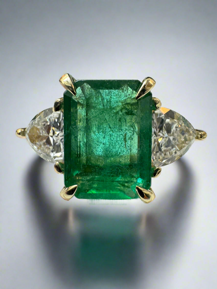 3.06tcw Natural Emerald & Lab Diamond Trillion Three Stone Ring 14K