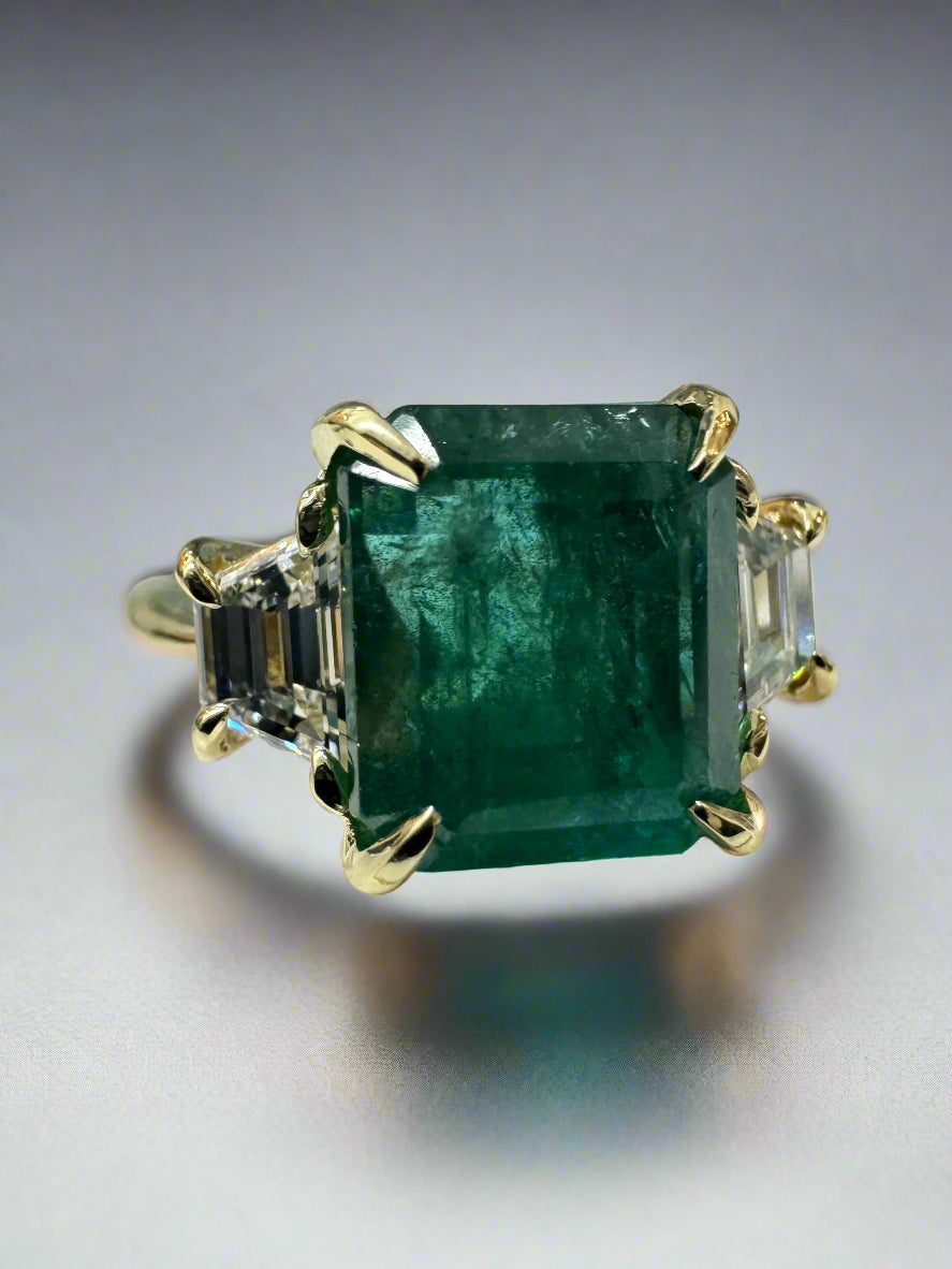 5.03tcw Natural Emerald & Trapezoid Lab Diamond Three Stone Ring 14K