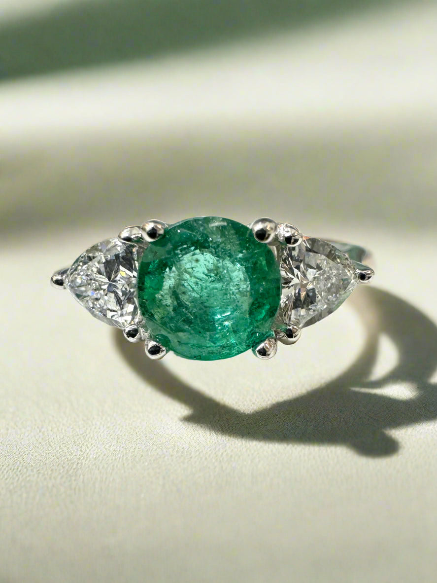 1.55tcw Natural Round Emerald & Trillion Lab Diamond 14K White Gold Three Stone Ring